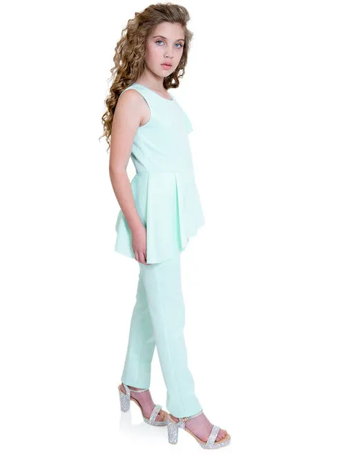Marc Defang 8117k girls pageant interview jumpsuit peplum skirt with one shoulder ruffle