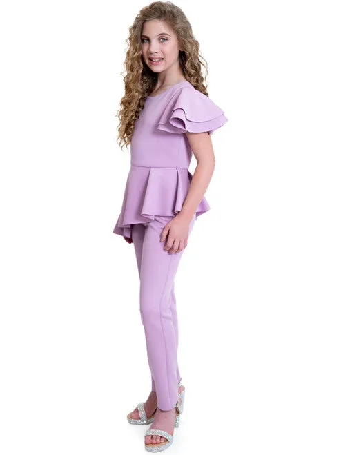 Marc Defang 8117k girls pageant interview jumpsuit peplum skirt with one shoulder ruffle