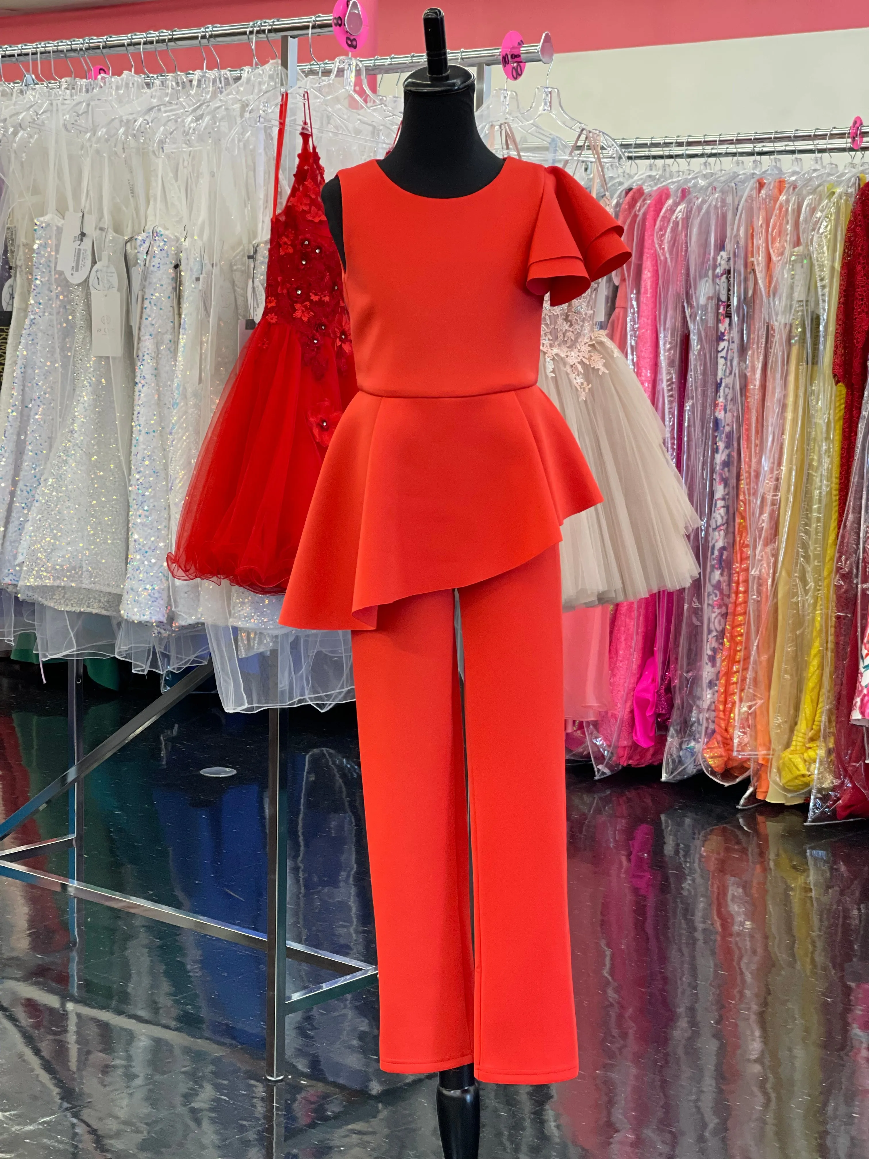 Marc Defang 8117k girls pageant interview jumpsuit peplum skirt with one shoulder ruffle