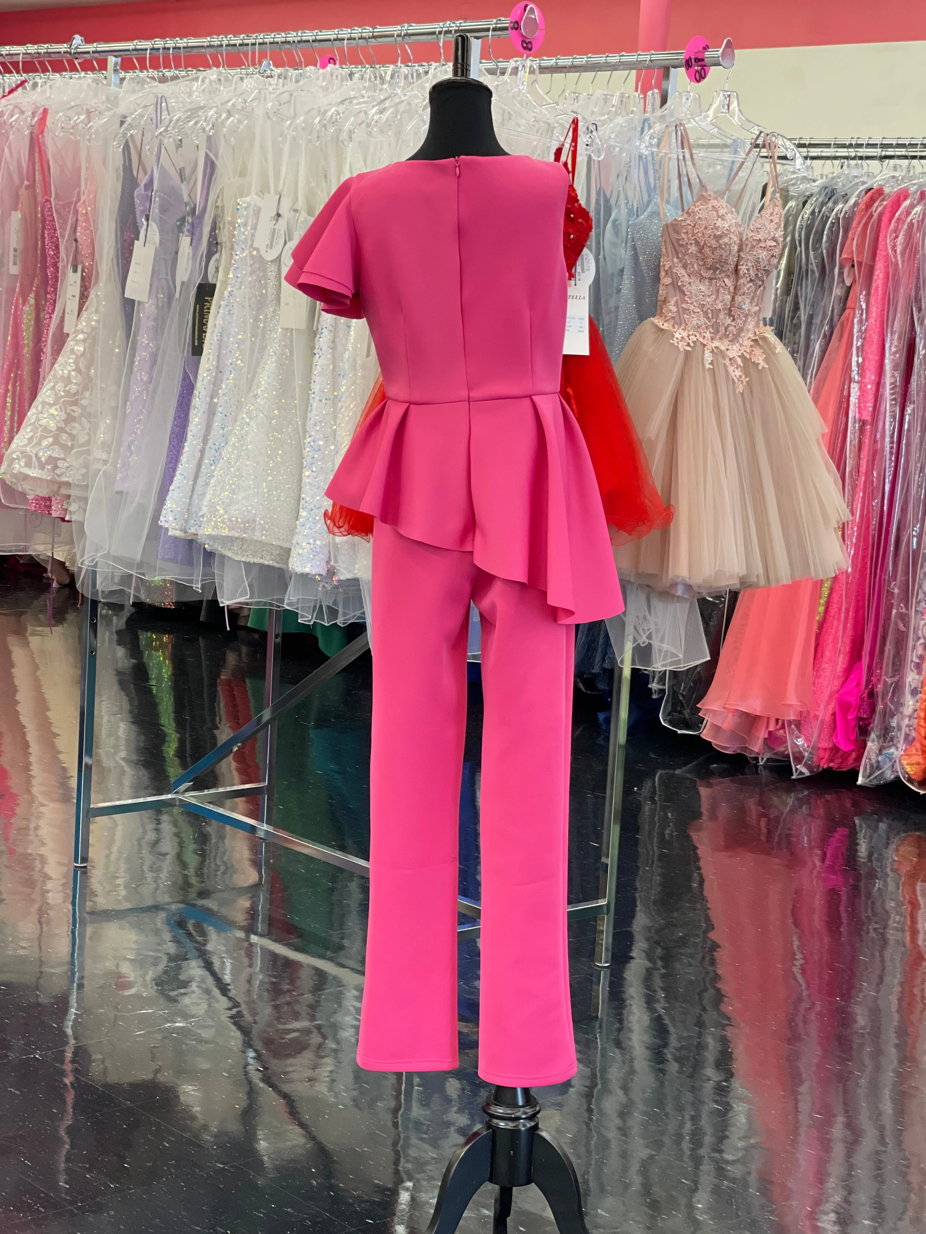 Marc Defang 8117k girls pageant interview jumpsuit peplum skirt with one shoulder ruffle