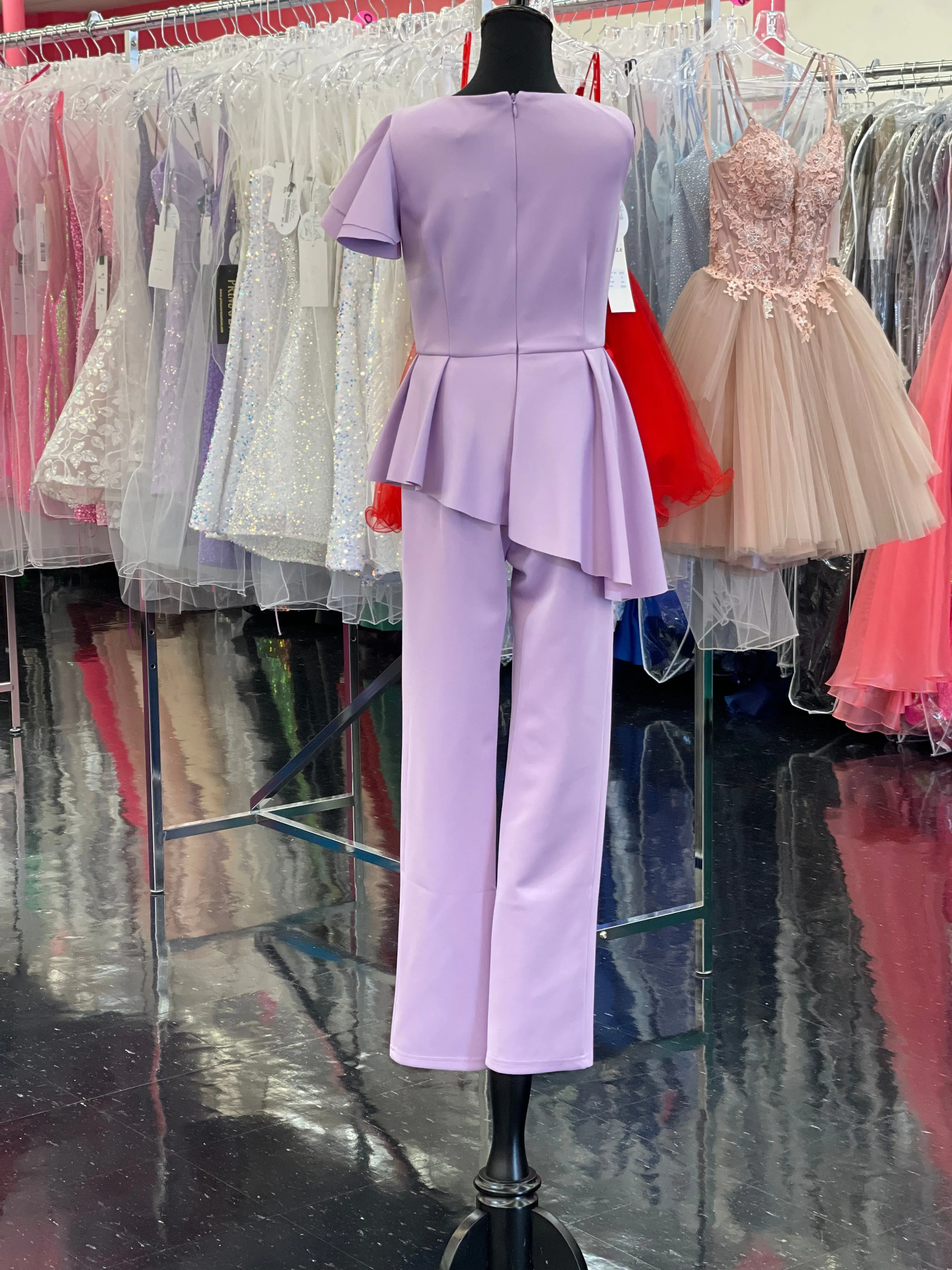 Marc Defang 8117k Size 10 Lilac girls kids pageant interview jumpsuit peplum skirt one shoulder ruffle