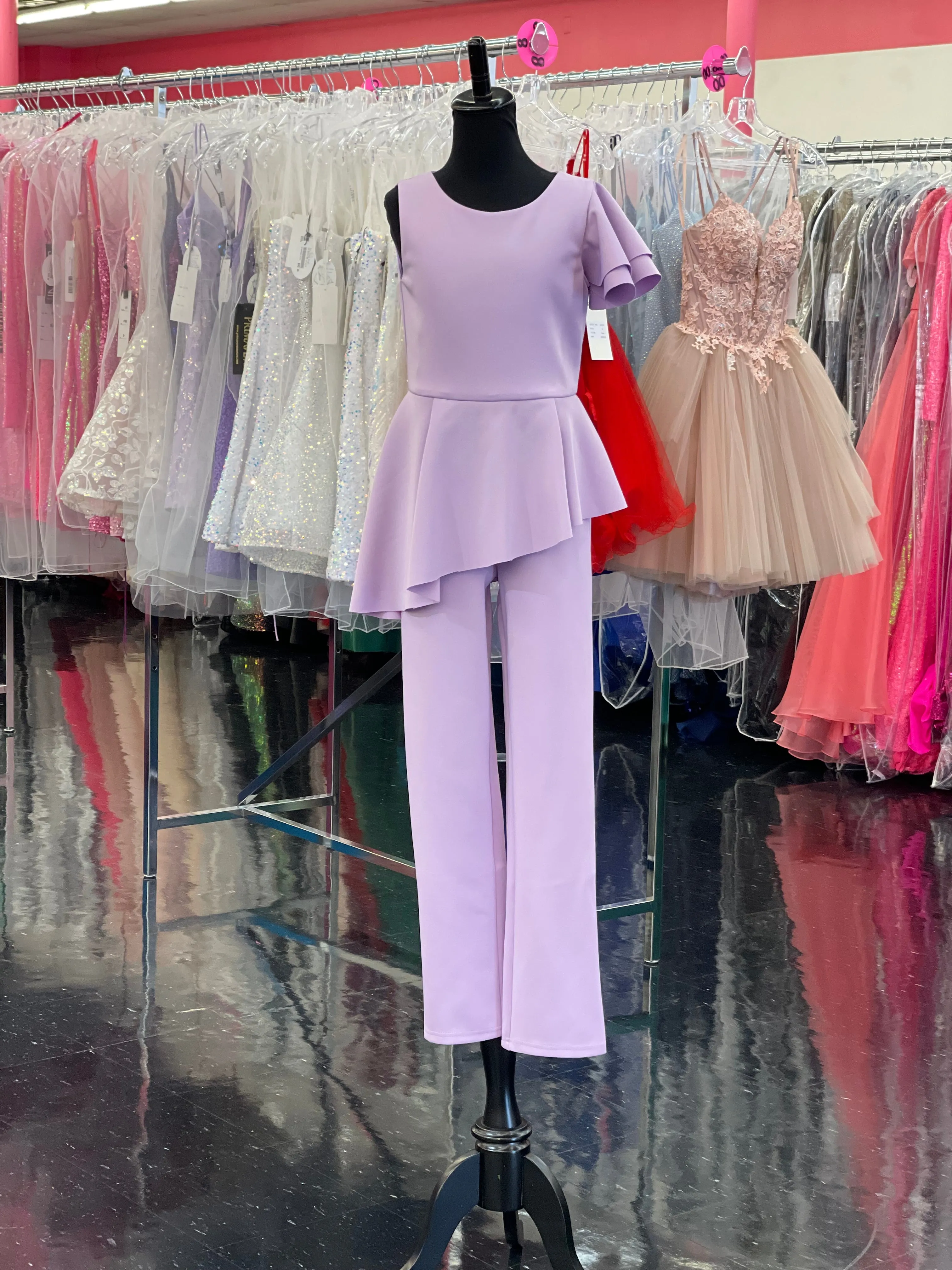 Marc Defang 8117k Size 10 Lilac girls kids pageant interview jumpsuit peplum skirt one shoulder ruffle