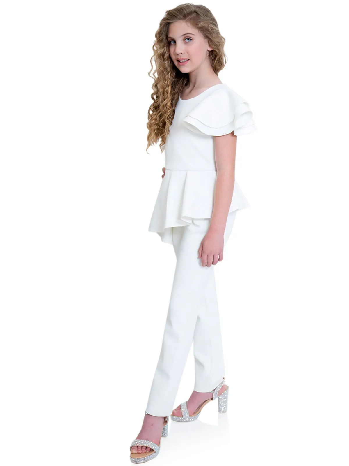 Marc Defang 8117k Size 10 Lilac girls kids pageant interview jumpsuit peplum skirt one shoulder ruffle