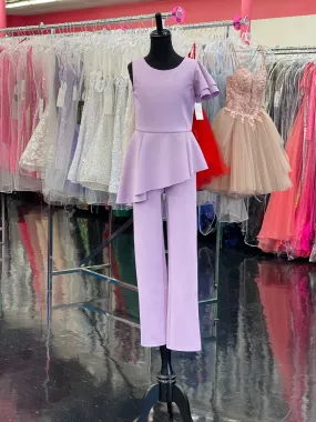 Marc Defang 8117k Size 10 Lilac girls kids pageant interview jumpsuit peplum skirt one shoulder ruffle