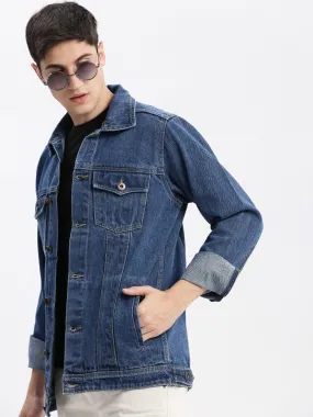 Men Solid Spread Collar Navy Blue Denim Jacket
