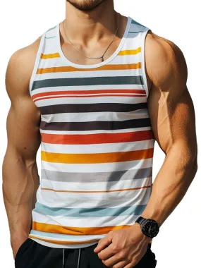 Men's Bright Color Stripe Print Casual Round Neck Tank