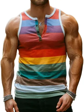 Men's Colorful Bright Stripe Print Casual Round Neck Button Tank