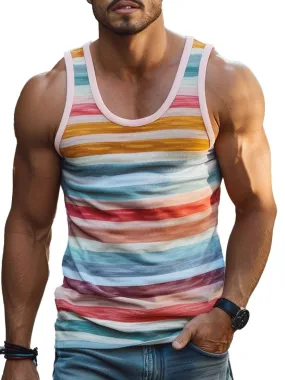 Men's Colorful Striped Print Crew Neck Tank Top