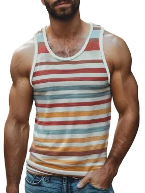 Men's Crew Neck Striped Print Tank Top