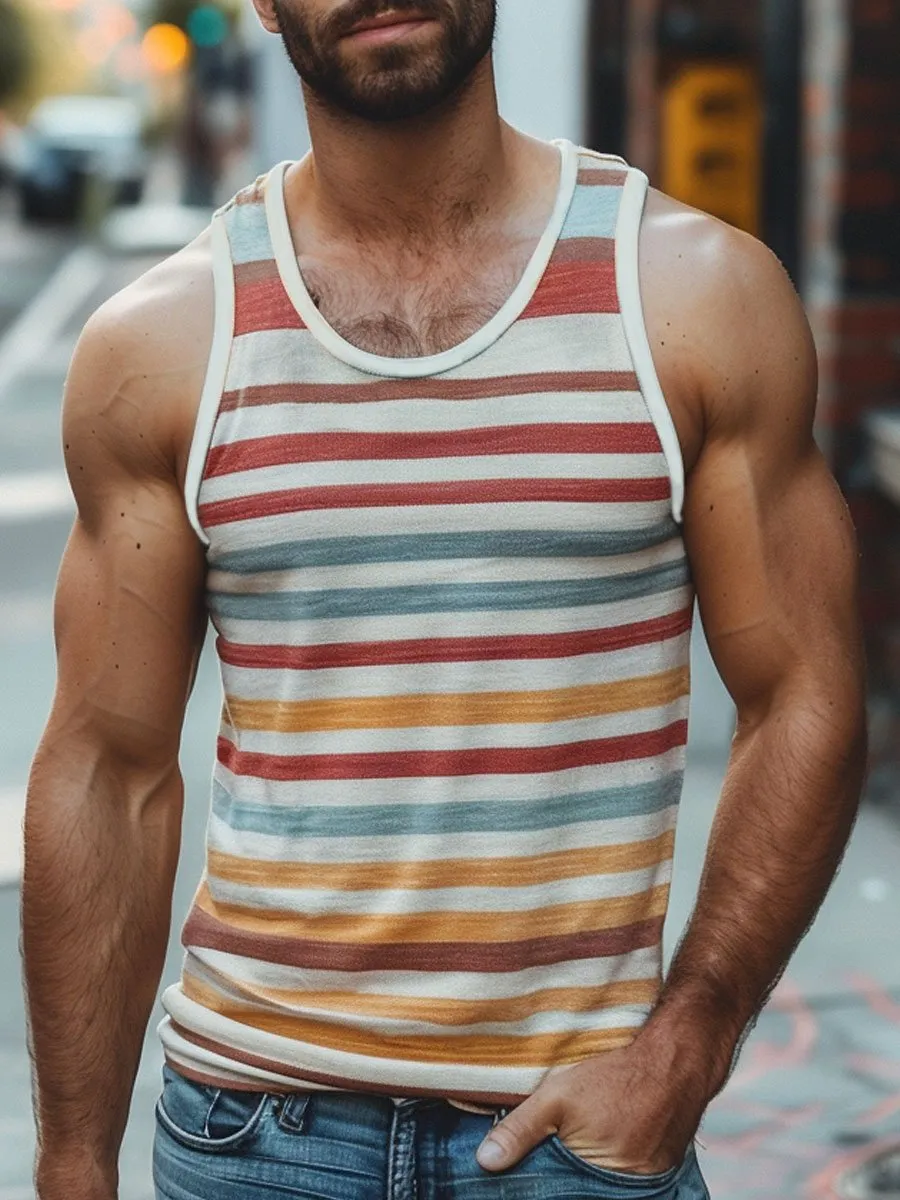Men's Crew Neck Striped Print Tank Top