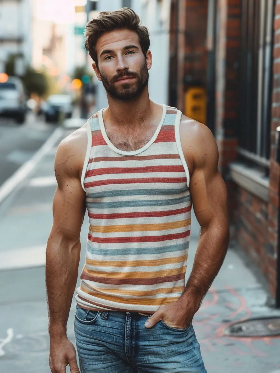 Men's Crew Neck Striped Print Tank Top