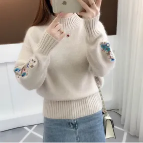 METAVERSMALL Winter semi-turtleneck thickened embroidered flower sweater women's 2023 new Japanese and Korean style Korean version semi-turtleneck bottoming knitted sweater