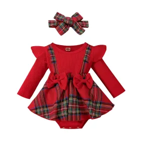 MoccyBabeLee Christmas Newborn Baby Girls Outfit Infant Red Plaid Romper Long Sleeve Bodysuit Jumpsuits Patchwork Skirt Headband Xmas Clothes