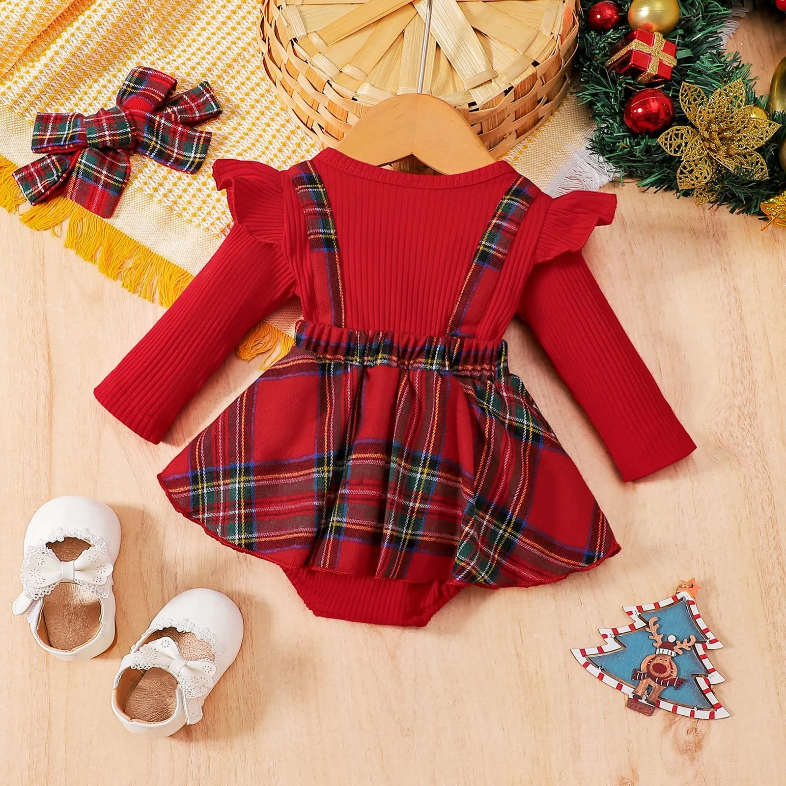 MoccyBabeLee Christmas Newborn Baby Girls Outfit Infant Red Plaid Romper Long Sleeve Bodysuit Jumpsuits Patchwork Skirt Headband Xmas Clothes