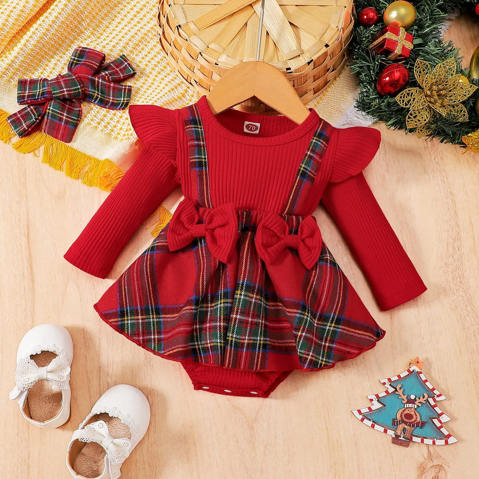 MoccyBabeLee Christmas Newborn Baby Girls Outfit Infant Red Plaid Romper Long Sleeve Bodysuit Jumpsuits Patchwork Skirt Headband Xmas Clothes
