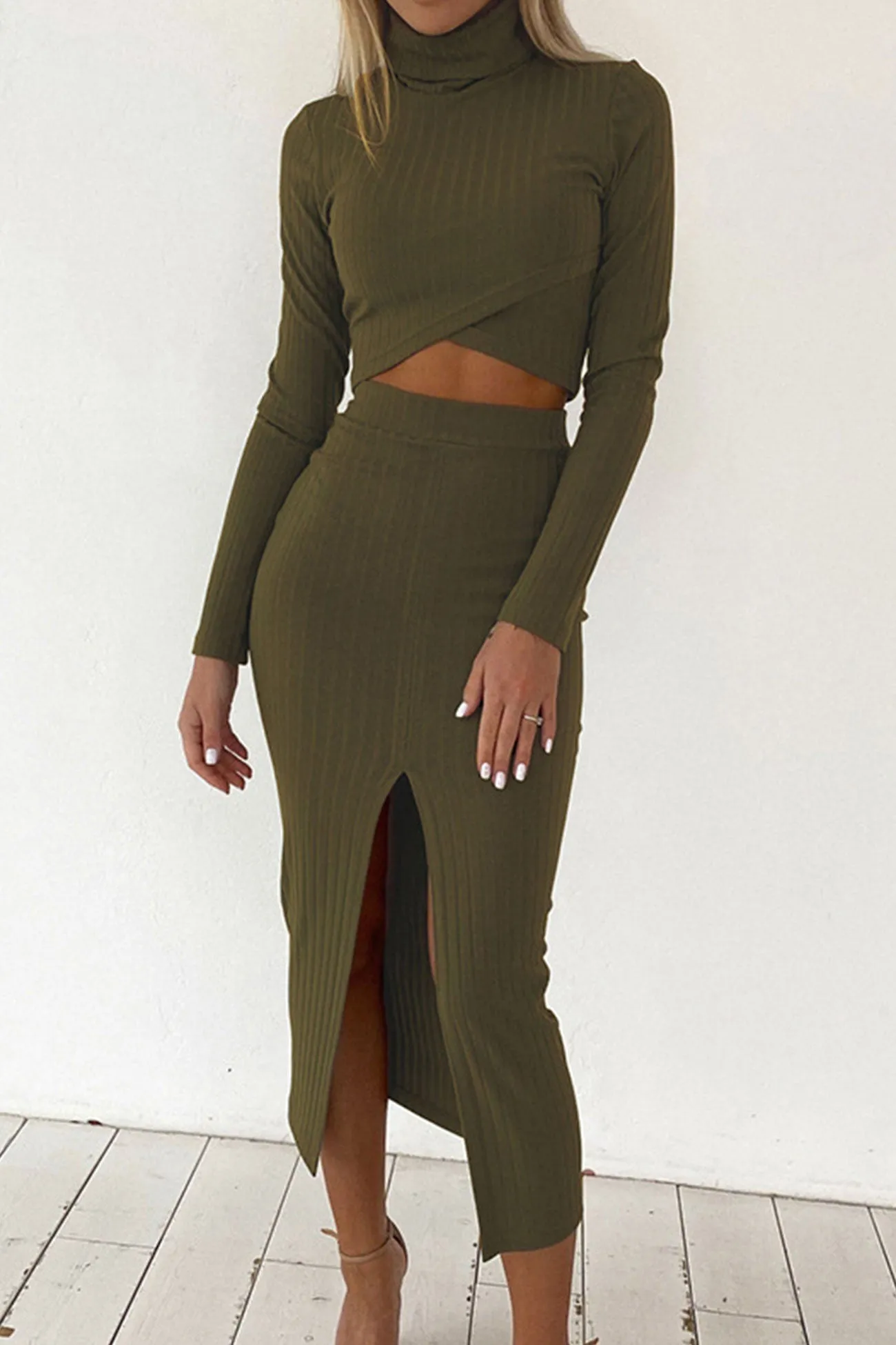 Mock Neck Ribbed Crop Top Slit Front Skirt Suits