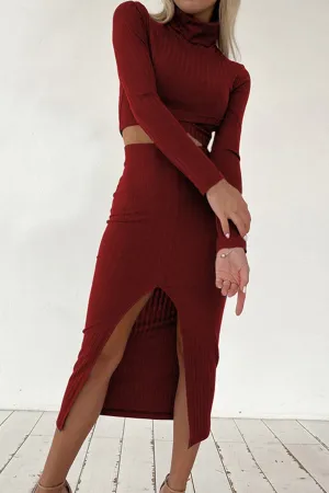 Mock Neck Ribbed Crop Top Slit Front Skirt Suits