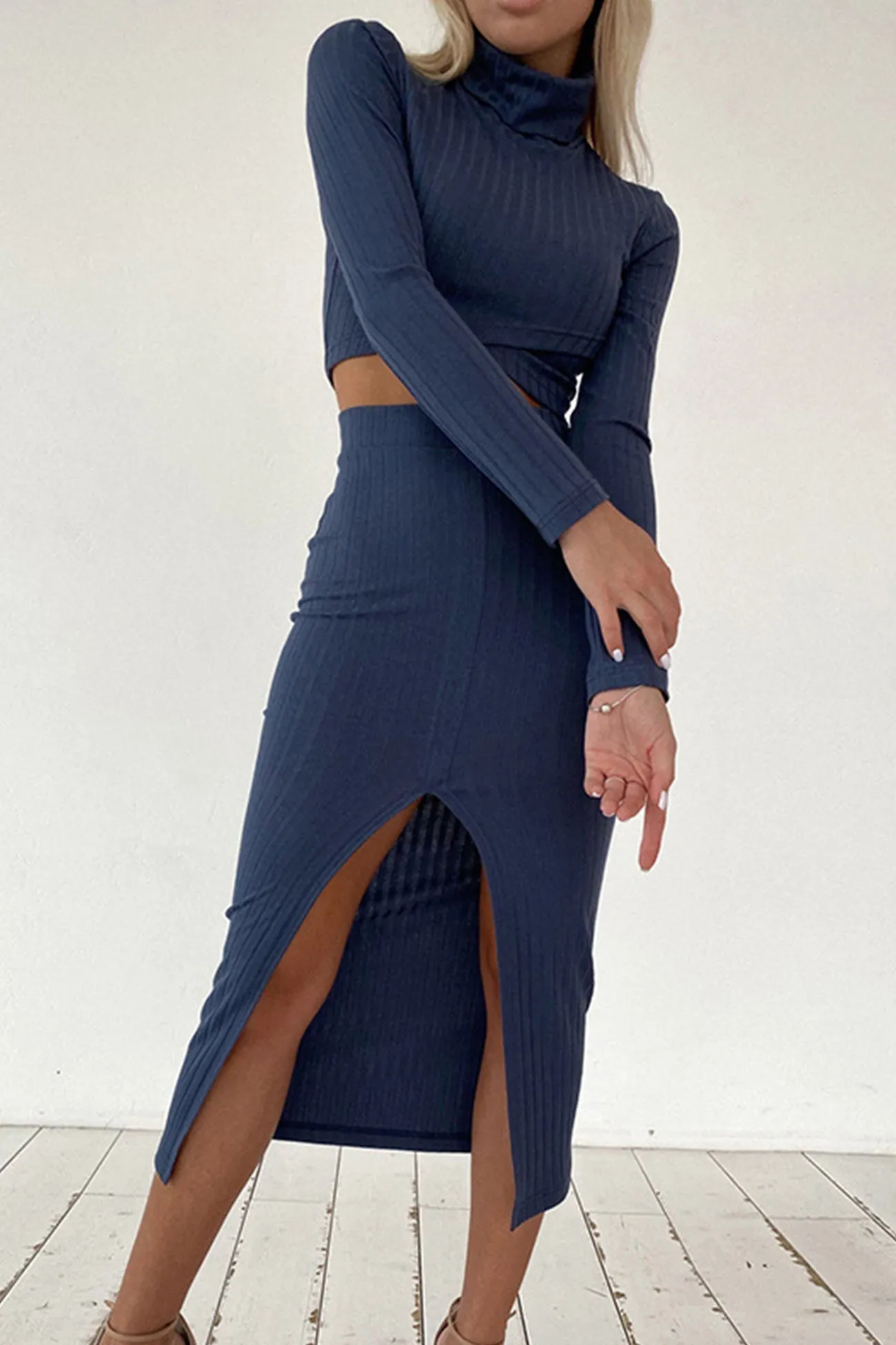 Mock Neck Ribbed Crop Top Slit Front Skirt Suits