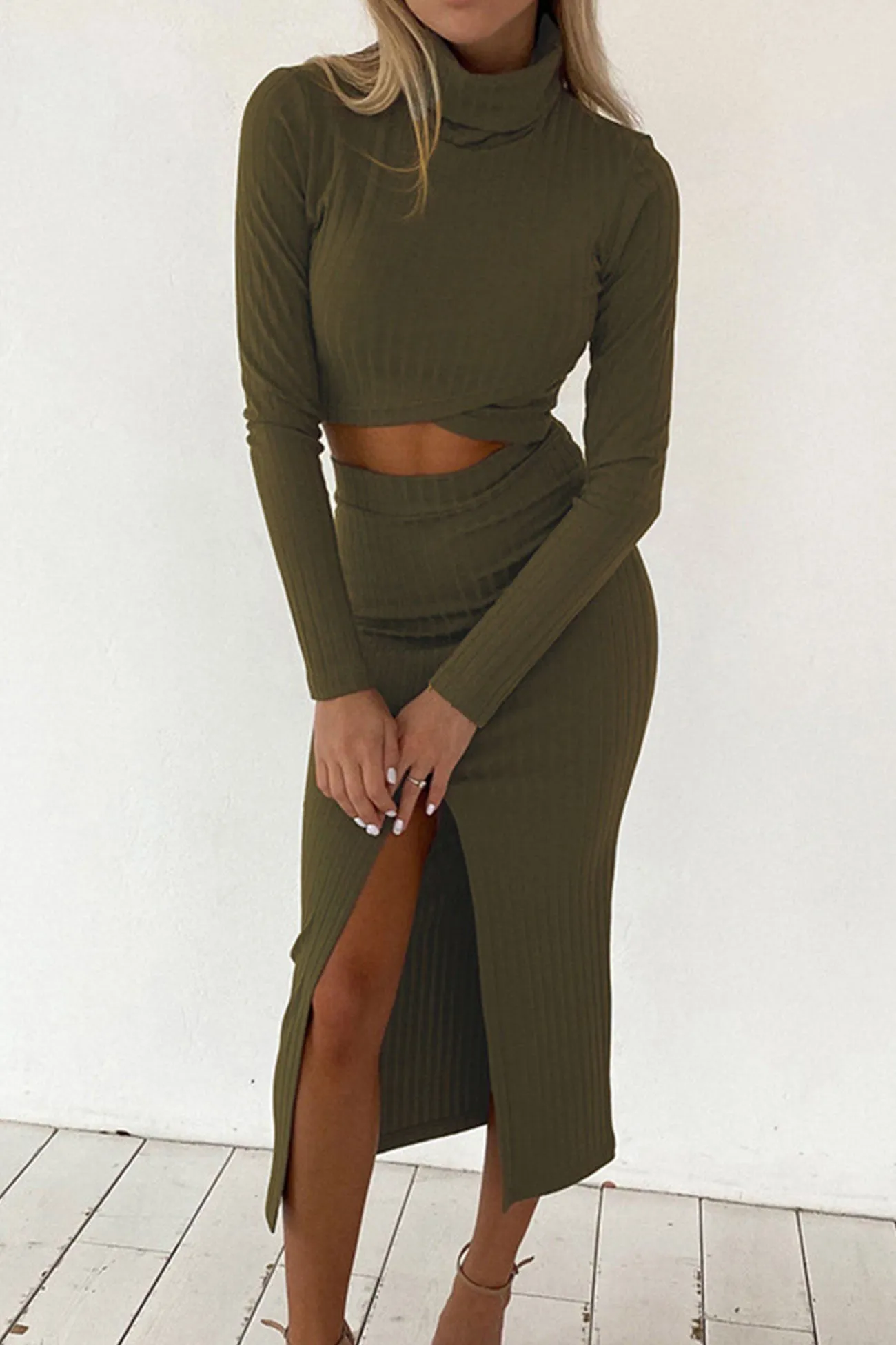 Mock Neck Ribbed Crop Top Slit Front Skirt Suits