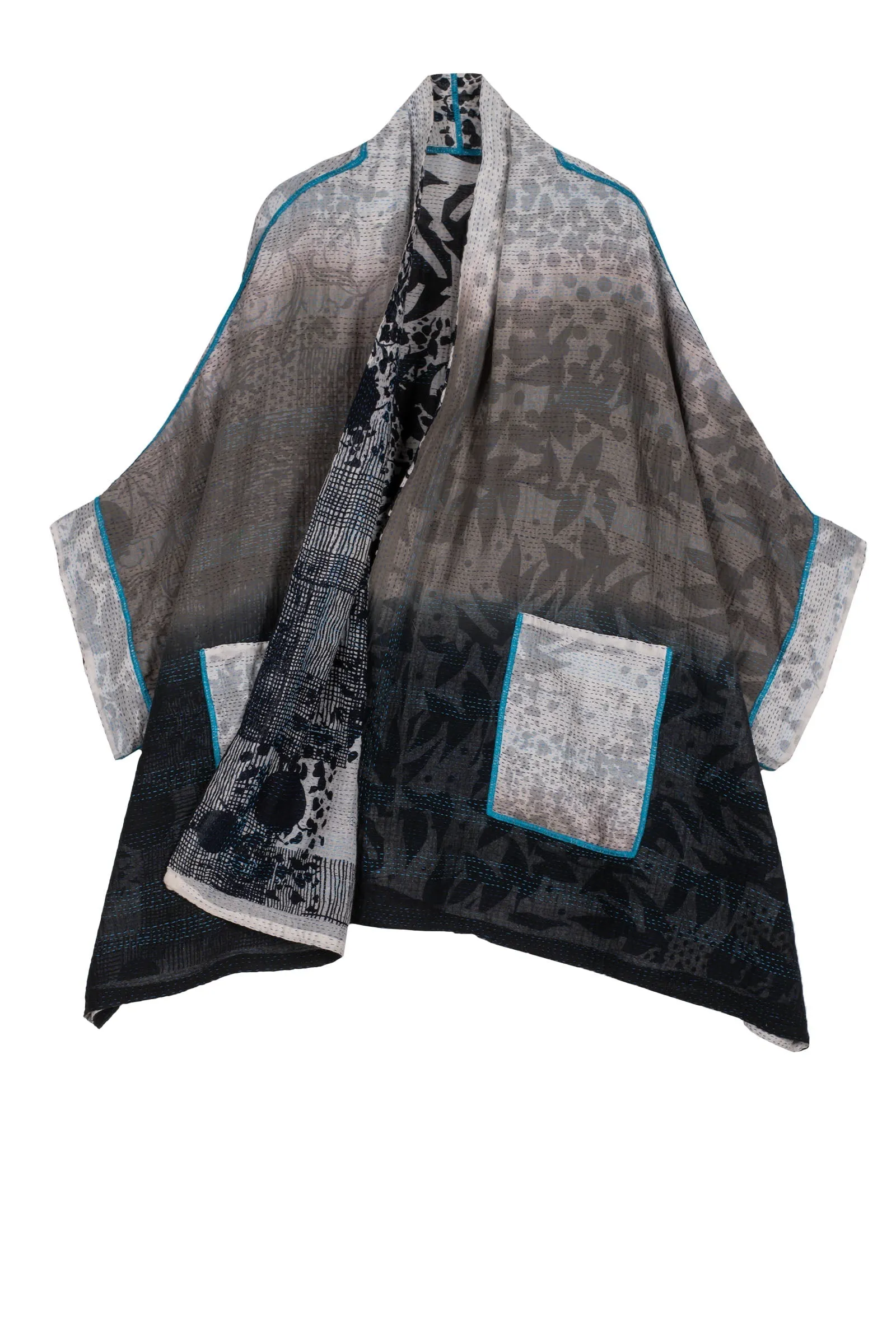 MONOTONE TWILIGHT PRINT KANTHA DOUBLE COLLAR PONCHO - tp2323-wht -