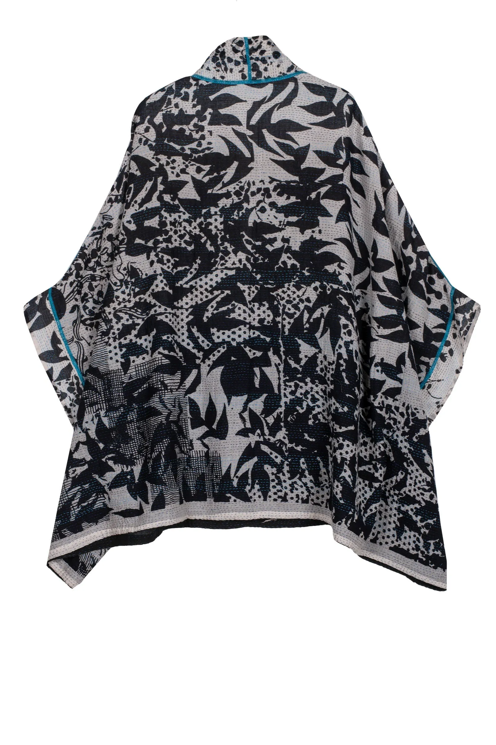 MONOTONE TWILIGHT PRINT KANTHA DOUBLE COLLAR PONCHO - tp2323-wht -
