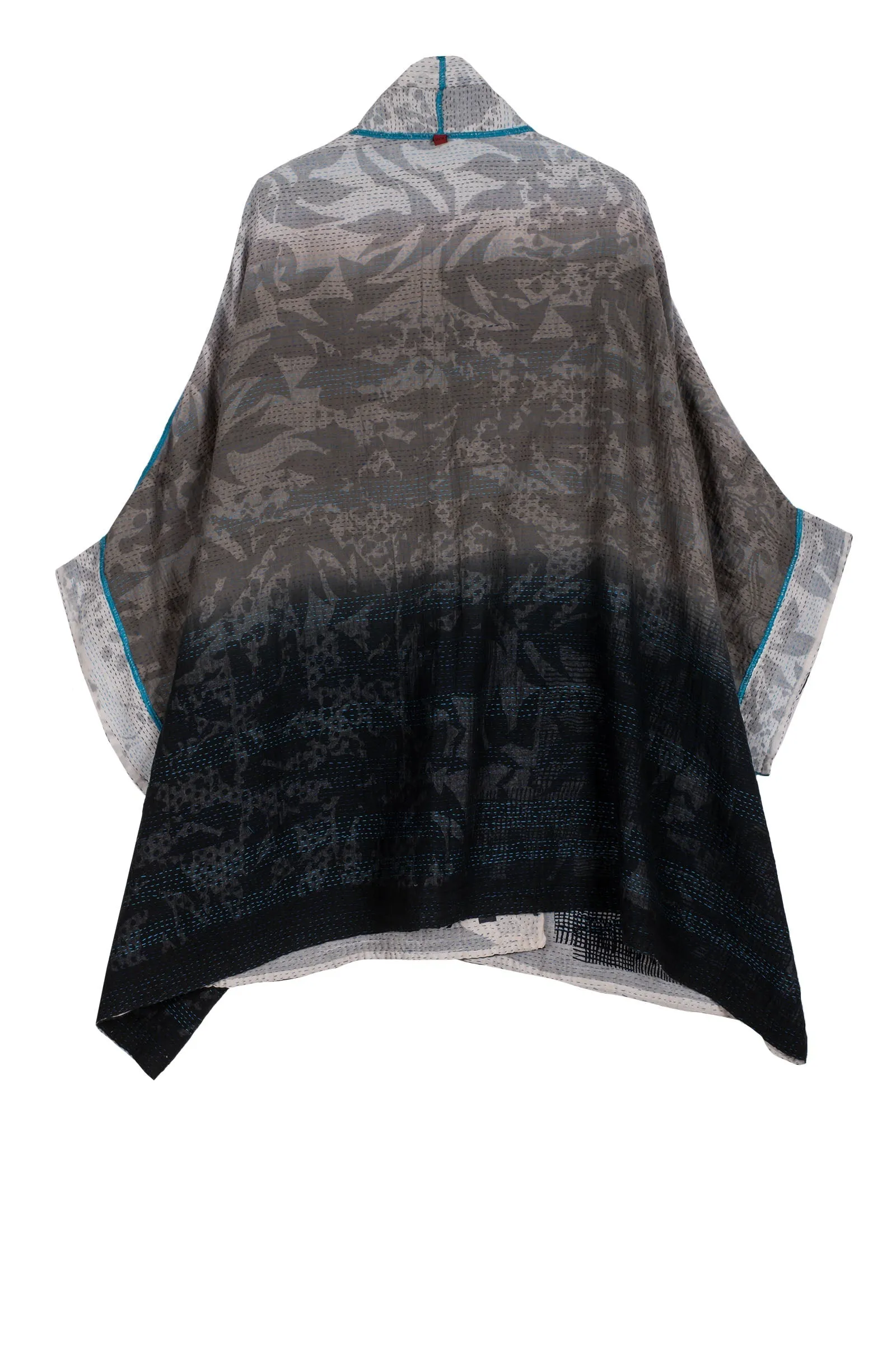 MONOTONE TWILIGHT PRINT KANTHA DOUBLE COLLAR PONCHO - tp2323-wht -