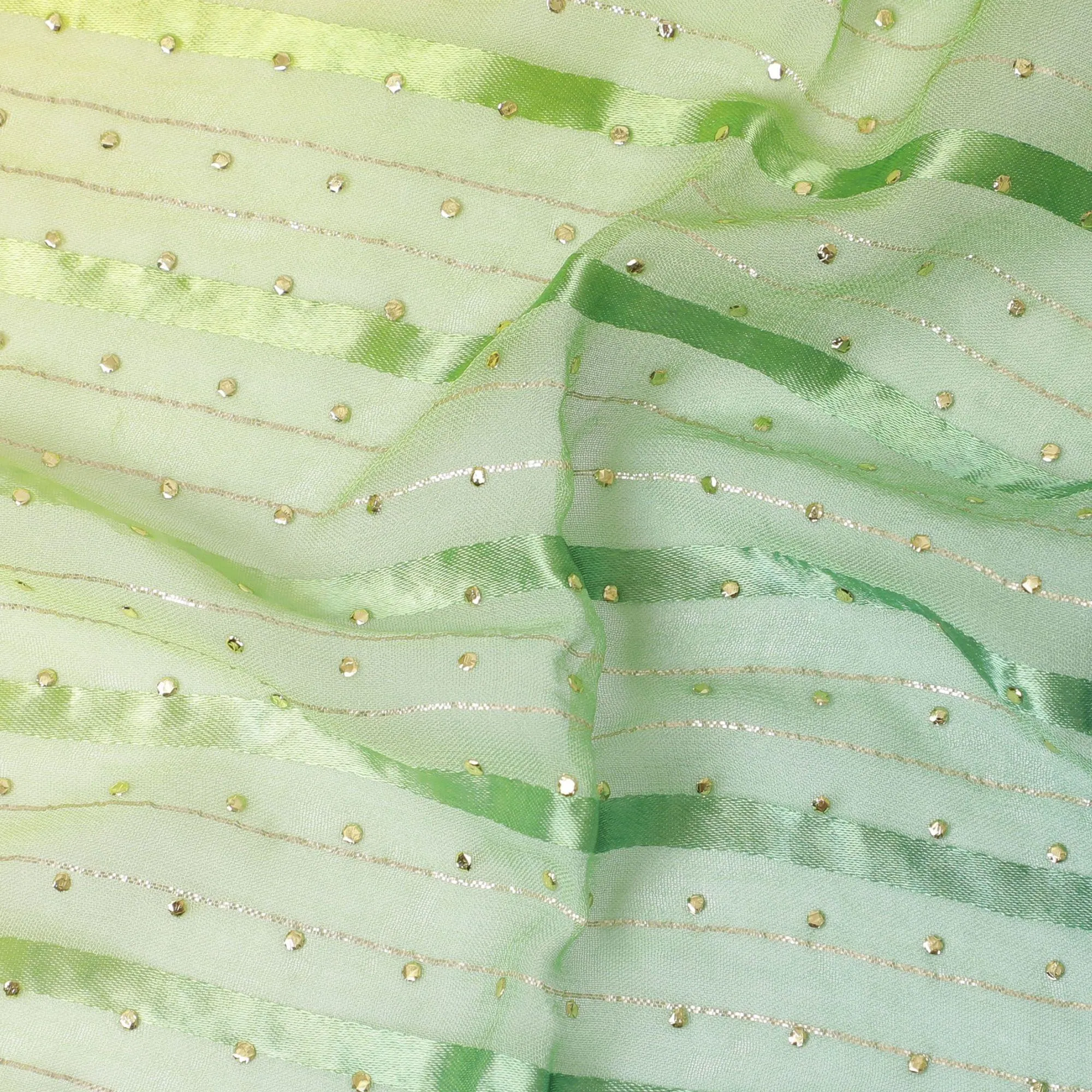 Multicolor synthetic chiffon fabric with gold stripe having same tone metallic dot foil in stripe design-D13651