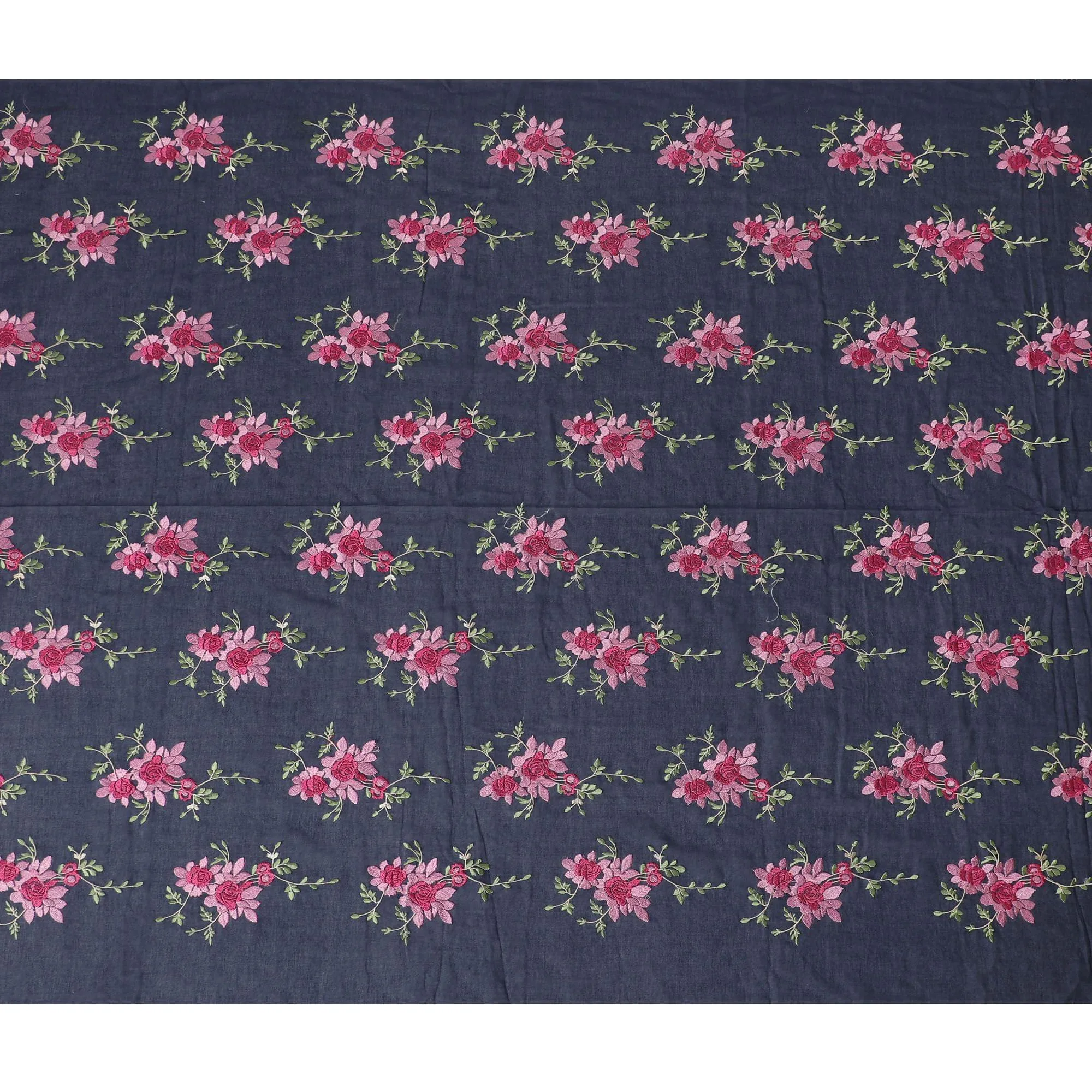 Navy blue Premium pure cotton voile fabric with brick pink, sage green and beige embroidery in floral design-D15243