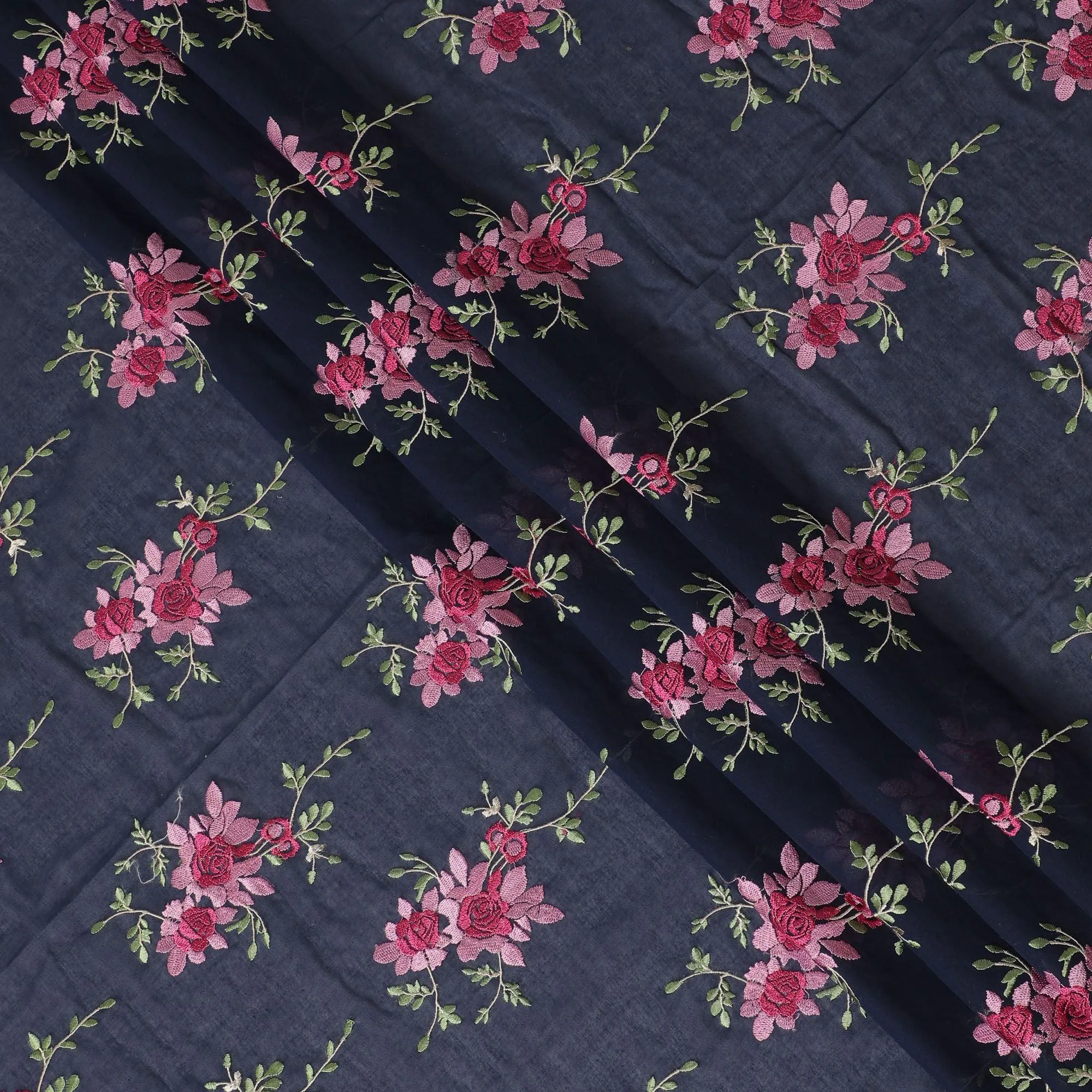 Navy blue Premium pure cotton voile fabric with brick pink, sage green and beige embroidery in floral design-D15243