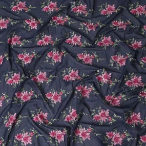 Navy blue Premium pure cotton voile fabric with brick pink, sage green and beige embroidery in floral design-D15243