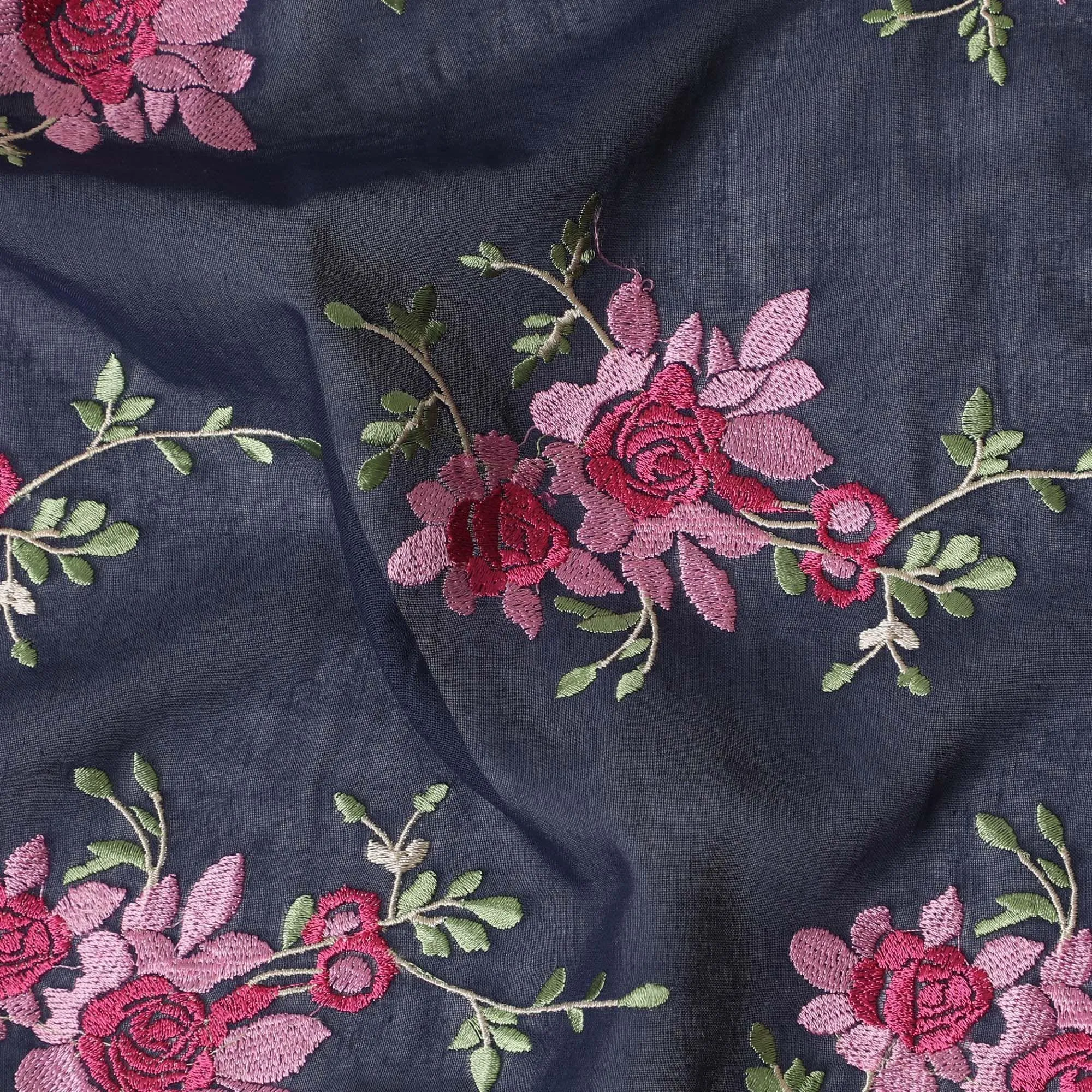 Navy blue Premium pure cotton voile fabric with brick pink, sage green and beige embroidery in floral design-D15243