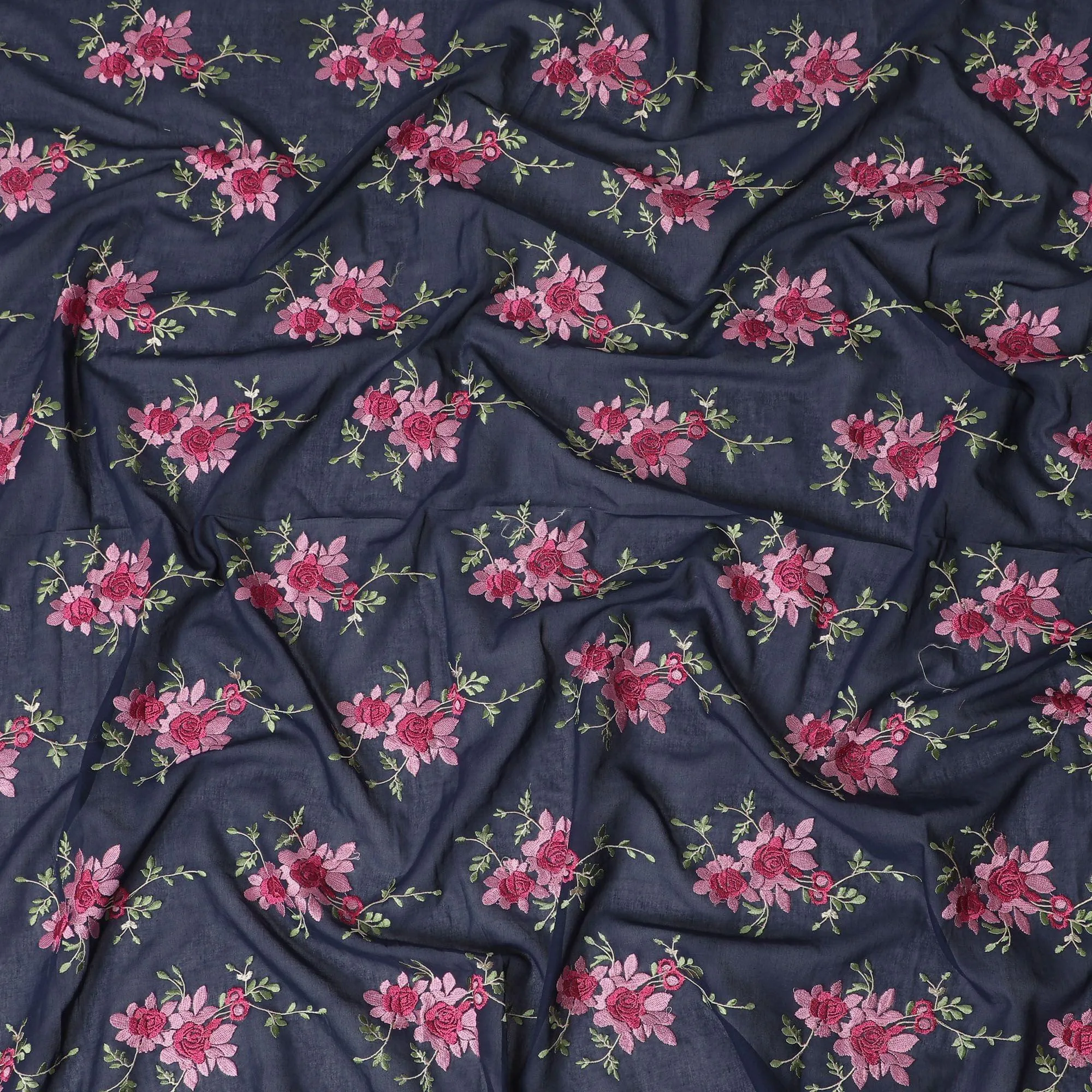 Navy blue Premium pure cotton voile fabric with brick pink, sage green and beige embroidery in floral design-D15243