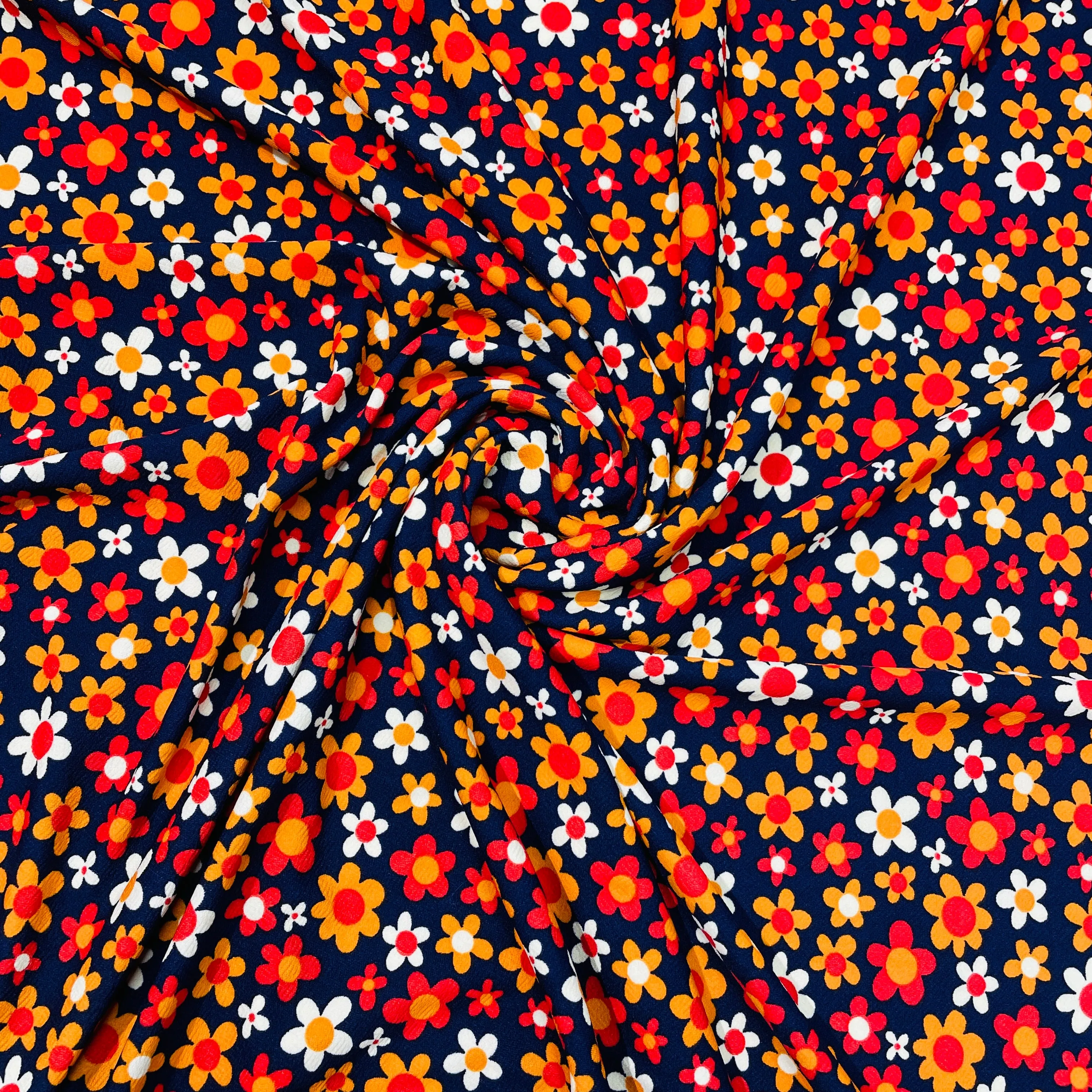 Navy Blue with Multicolor Floral Crepe Lycra Fabric