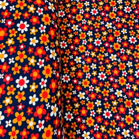 Navy Blue with Multicolor Floral Crepe Lycra Fabric