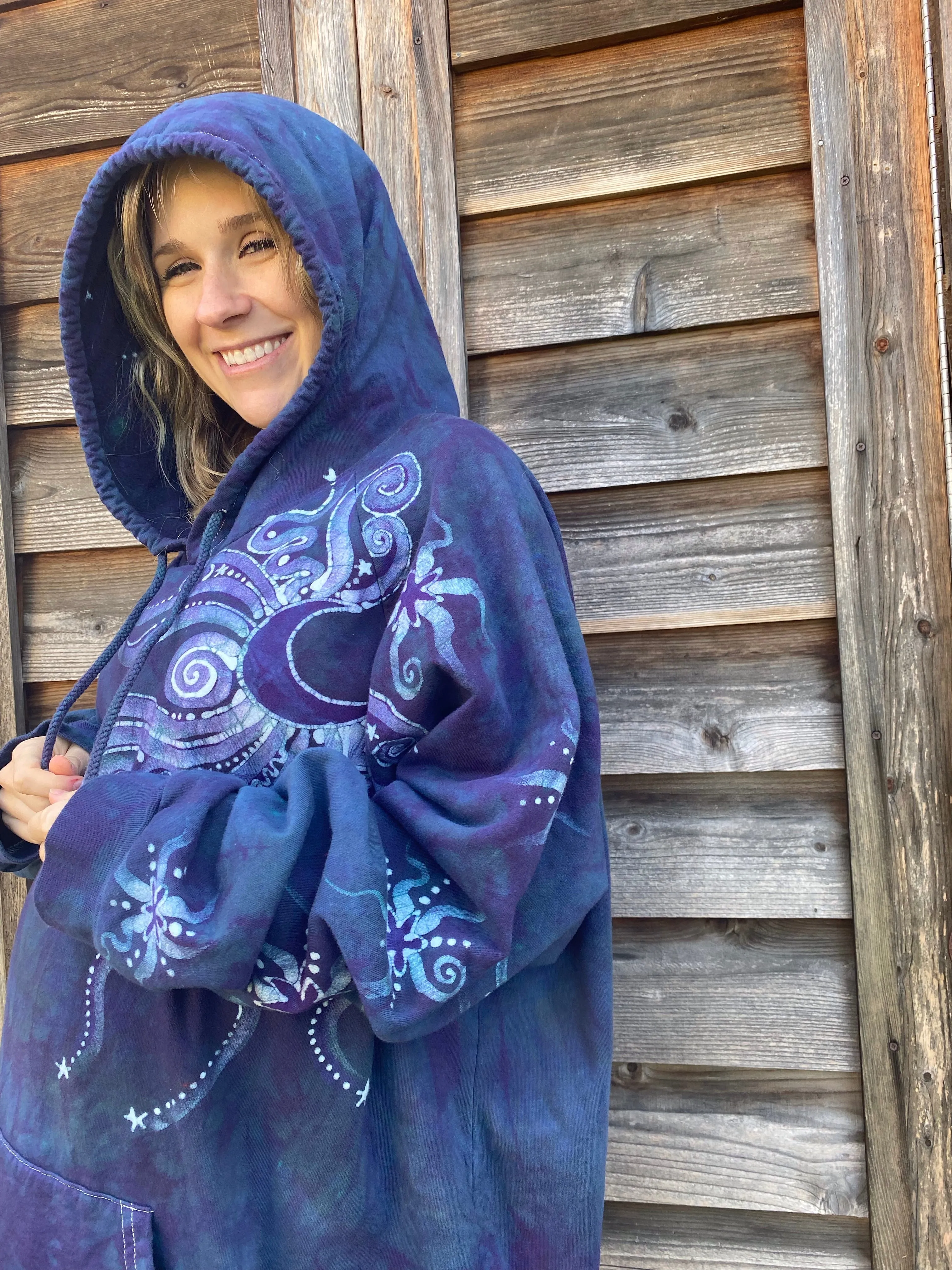 Navy Teal Moon Pullover Batik Hoodie in Organic Cotton - Made Oversize in 3X