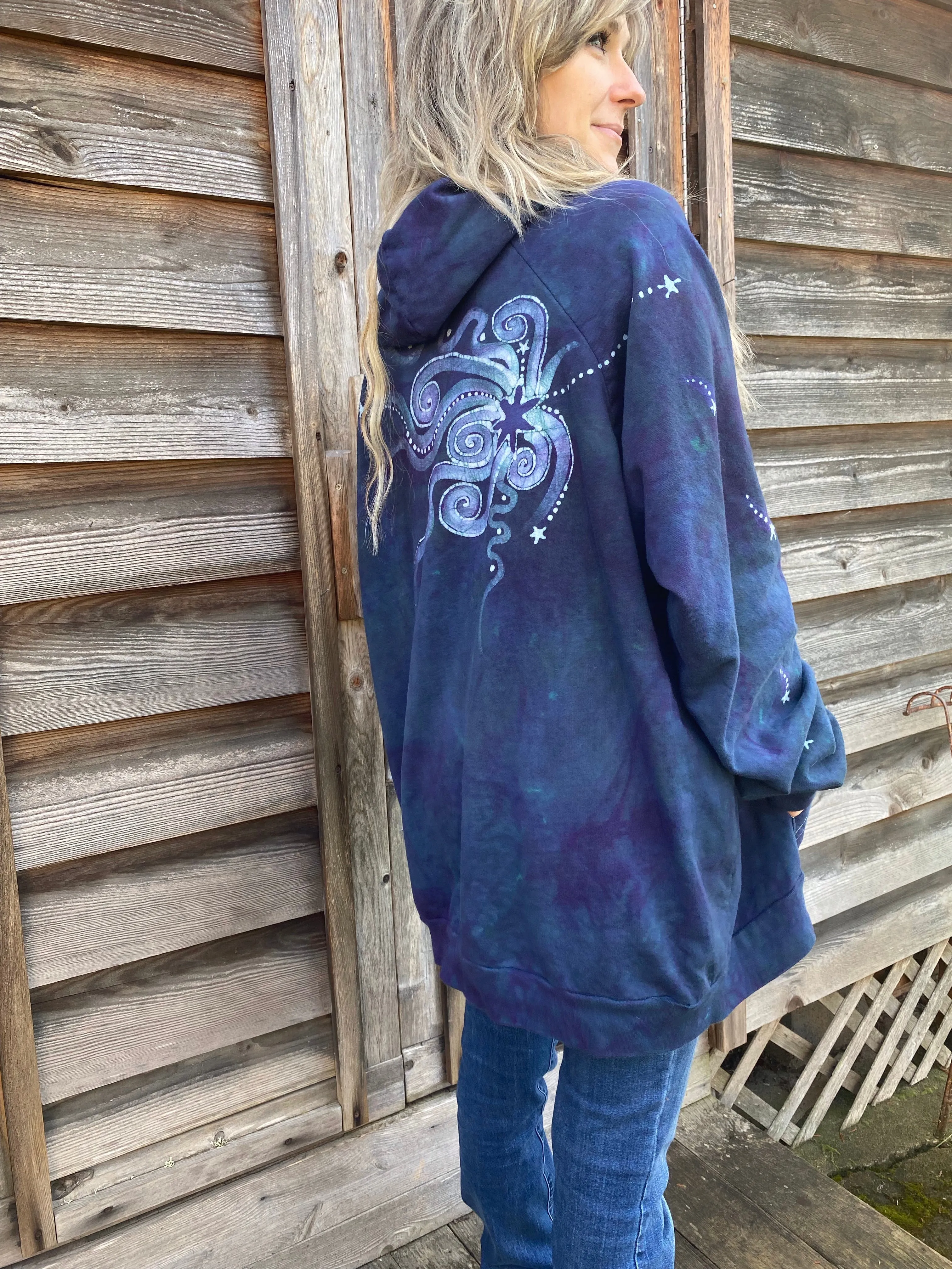 Navy Teal Moon Pullover Batik Hoodie in Organic Cotton - Made Oversize in 3X
