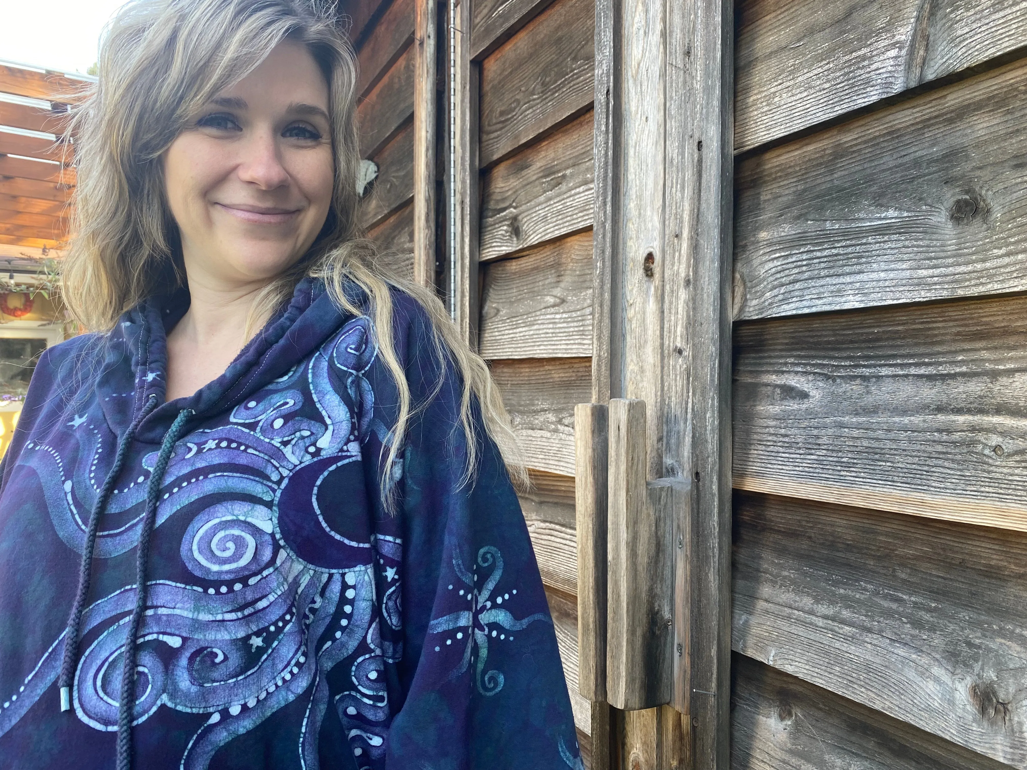 Navy Teal Moon Pullover Batik Hoodie in Organic Cotton - Made Oversize in 3X