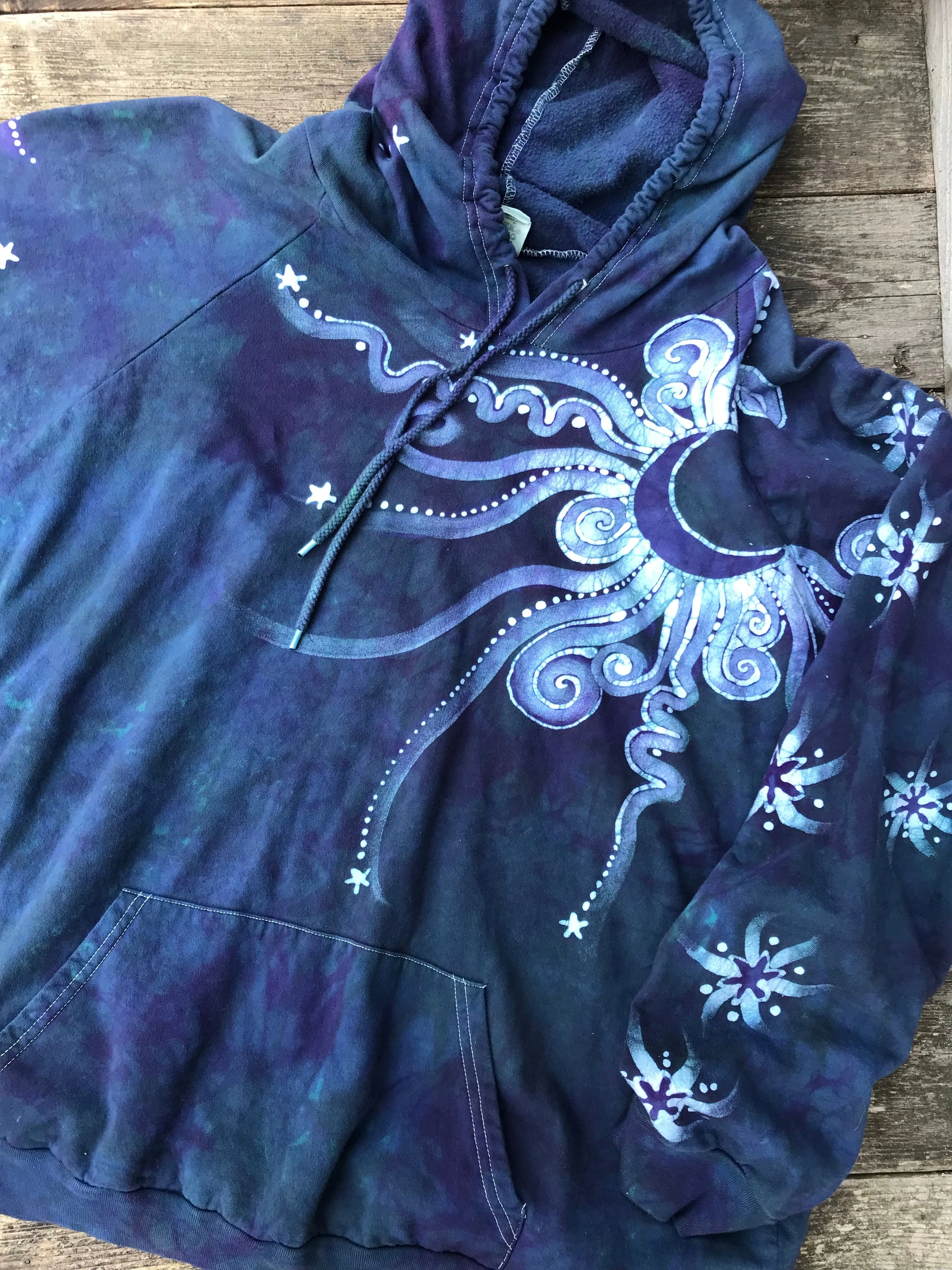 Navy Teal Moon Pullover Batik Hoodie in Organic Cotton - Made Oversize in 3X