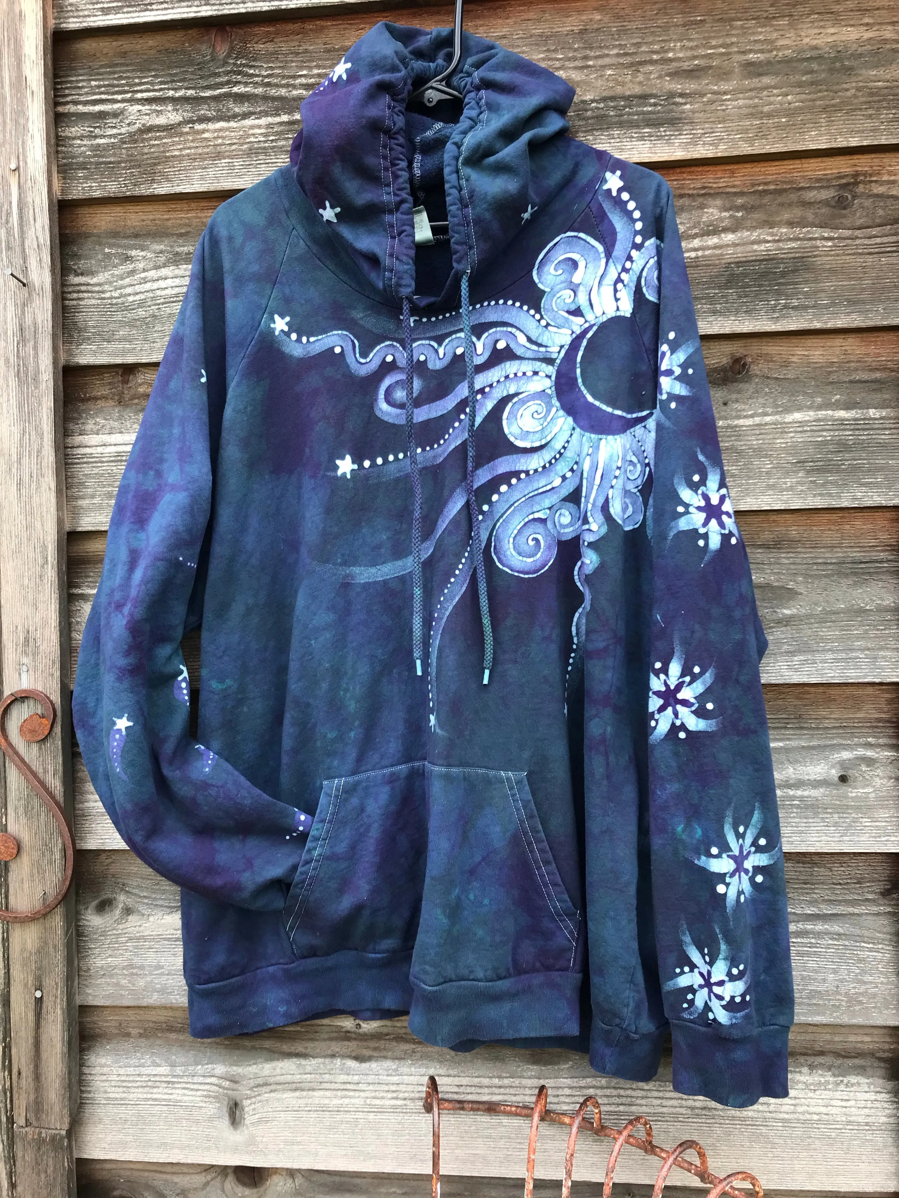 Navy Teal Moon Pullover Batik Hoodie in Organic Cotton - Made Oversize in 3X