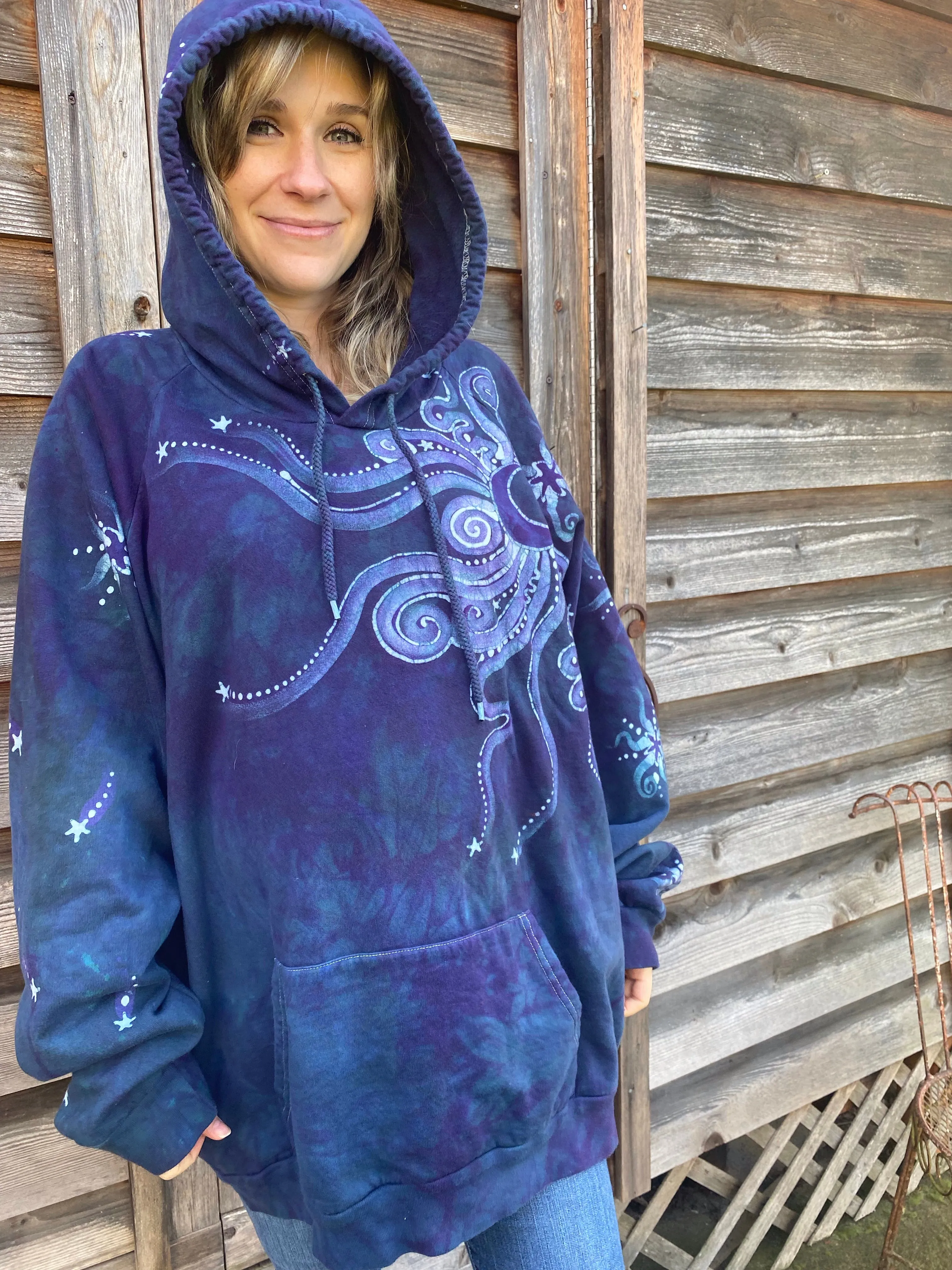 Navy Teal Moon Pullover Batik Hoodie in Organic Cotton - Made Oversize in 3X