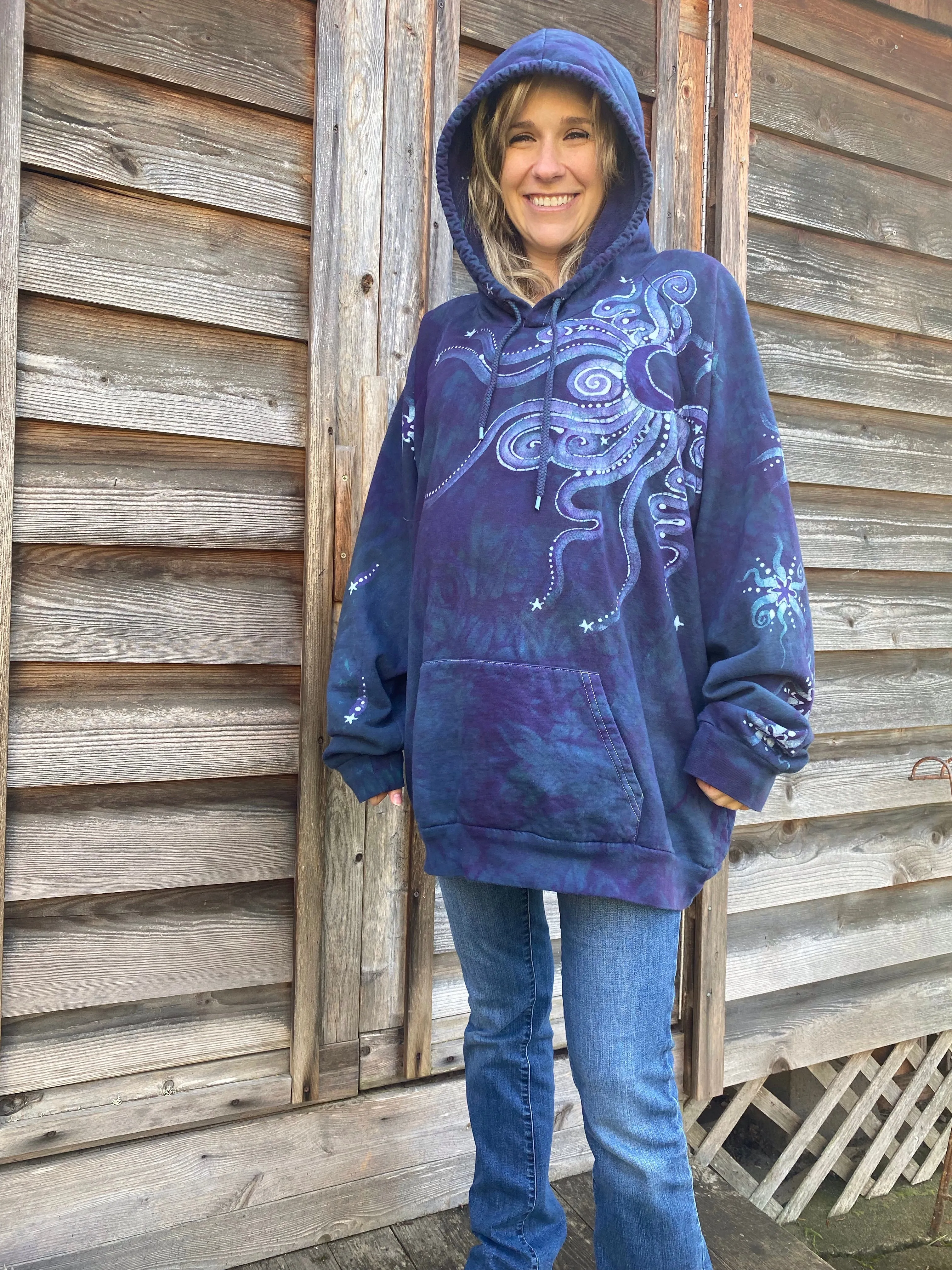 Navy Teal Moon Pullover Batik Hoodie in Organic Cotton - Made Oversize in 3X