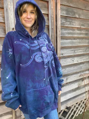 Navy Teal Moon Pullover Batik Hoodie in Organic Cotton - Made Oversize in 3X