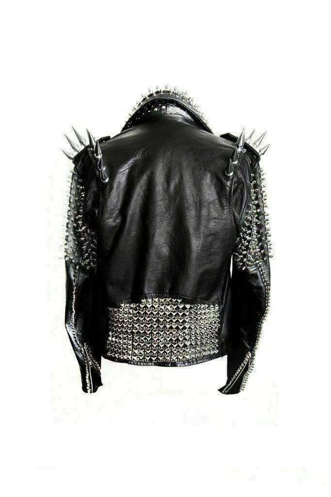 New Handmade Men's Black Fashion Long Studded Punk Style Leather Jacket