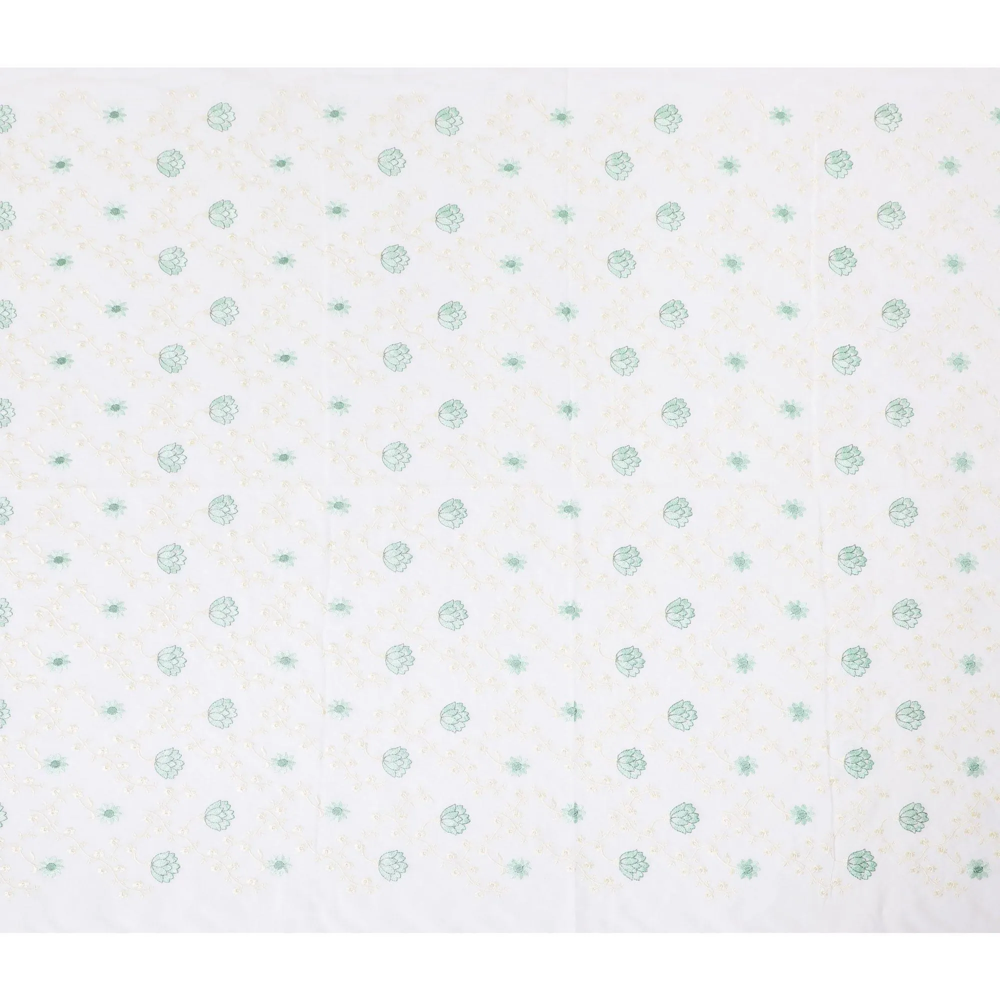 Off white cotton voile fabric with beige and sage green embroidery in floral design-D11938