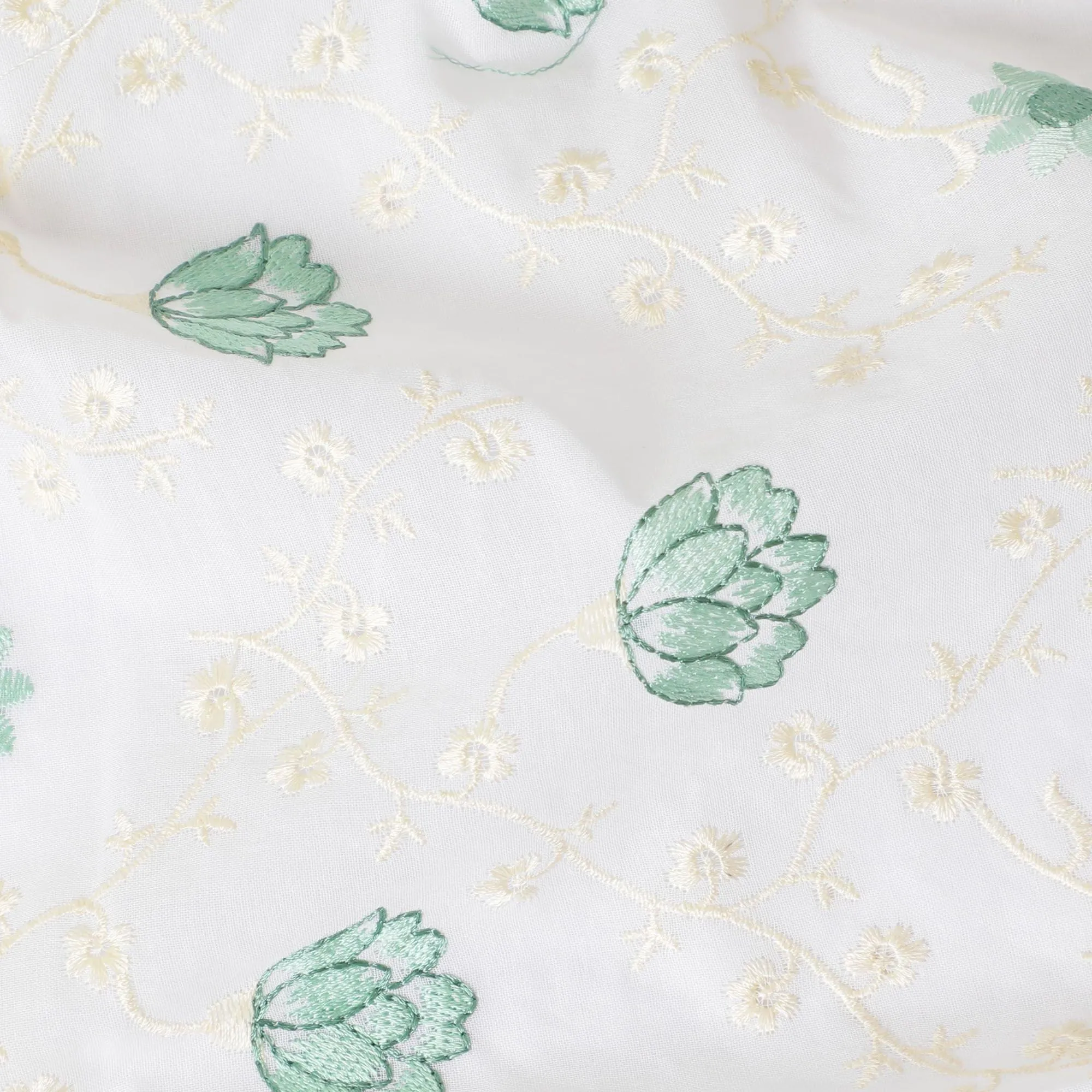 Off white cotton voile fabric with beige and sage green embroidery in floral design-D11938
