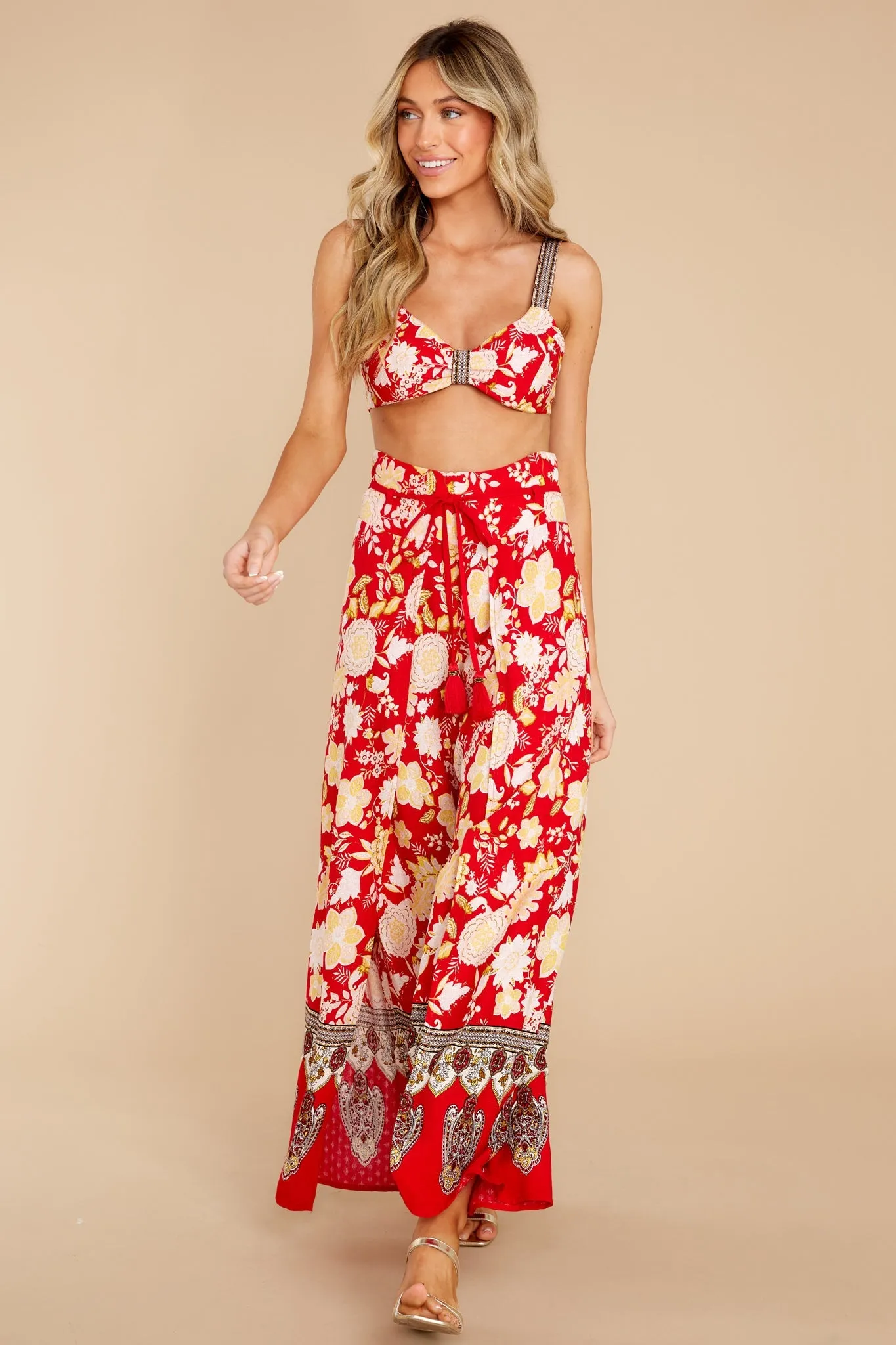 On The Road Red Floral Wide Leg Pants