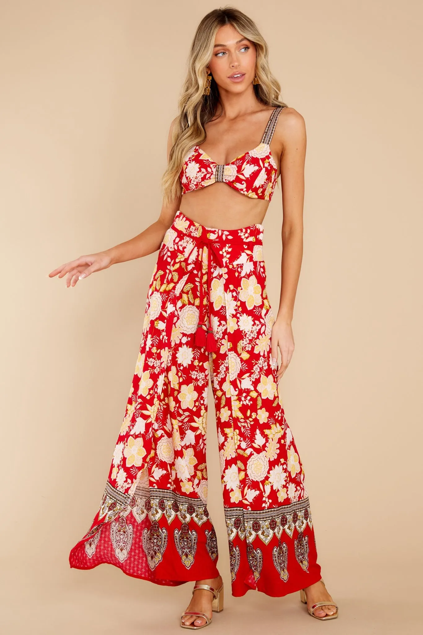 On The Road Red Floral Wide Leg Pants