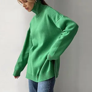 Oversized Turtleneck Long Sleeve Slit Trim Pullover Sweater - Green