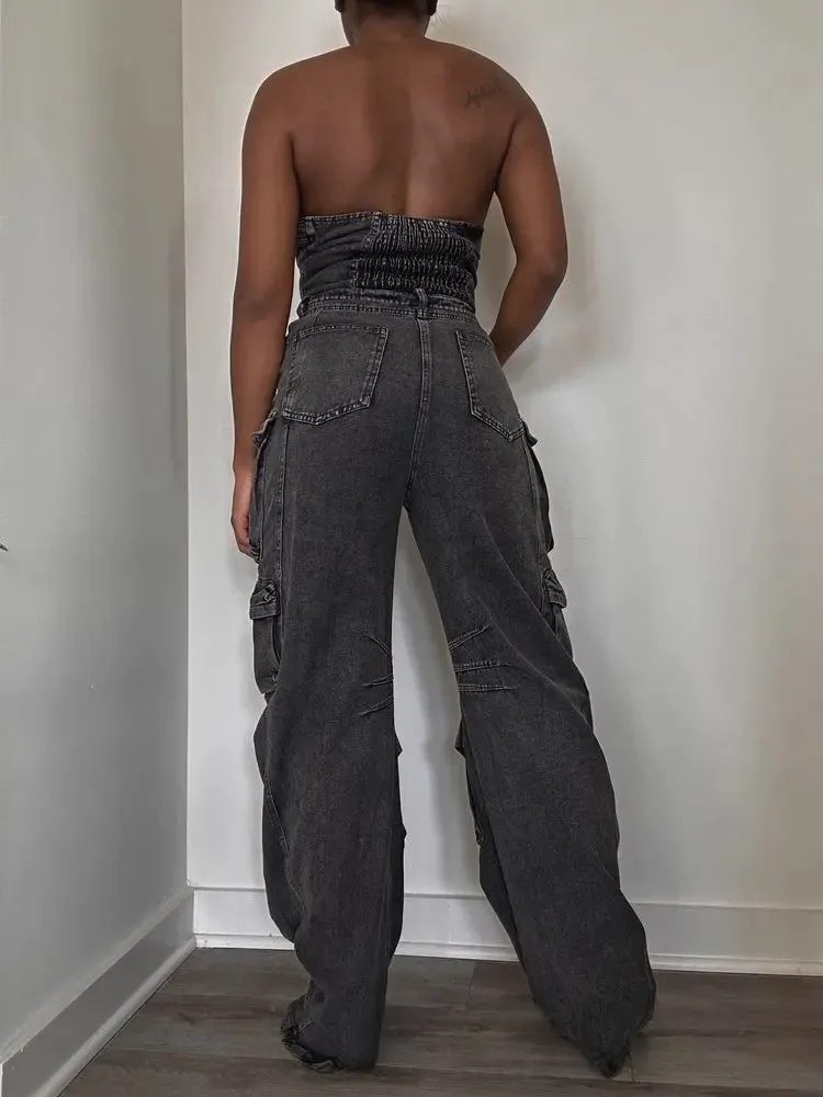 Patchwork Pockets Denim Jumpsuits For Women Strapless Sleeveless Off Shoulder High Waist Casual Fashion Jumpsuit Female