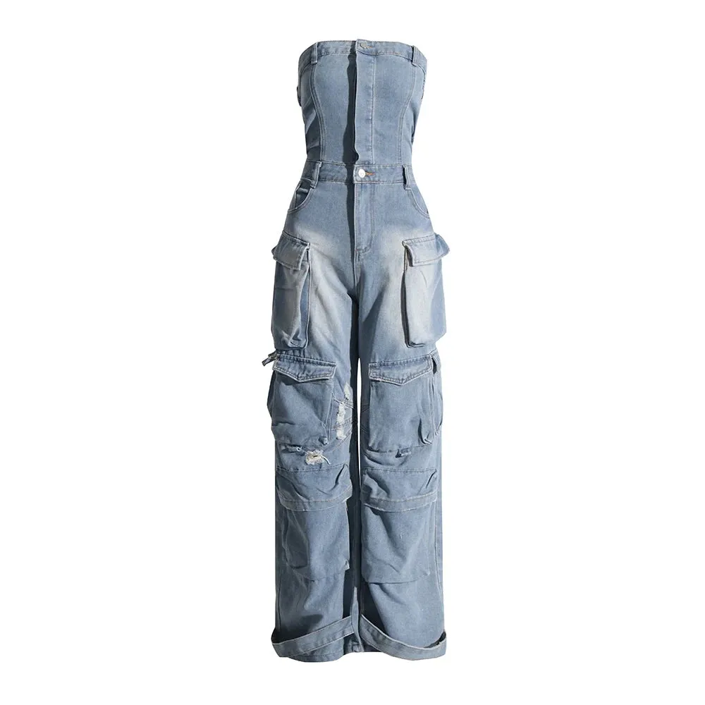 Patchwork Pockets Denim Jumpsuits For Women Strapless Sleeveless Off Shoulder High Waist Casual Fashion Jumpsuit Female
